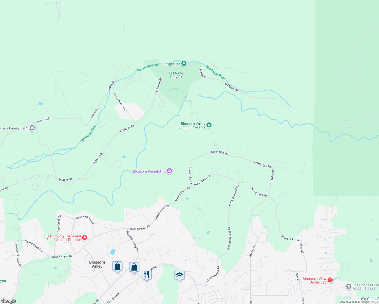 map of restaurants, bars, coffee shops, grocery stores, and more near 15056 Creek Hills Road in El Cajon