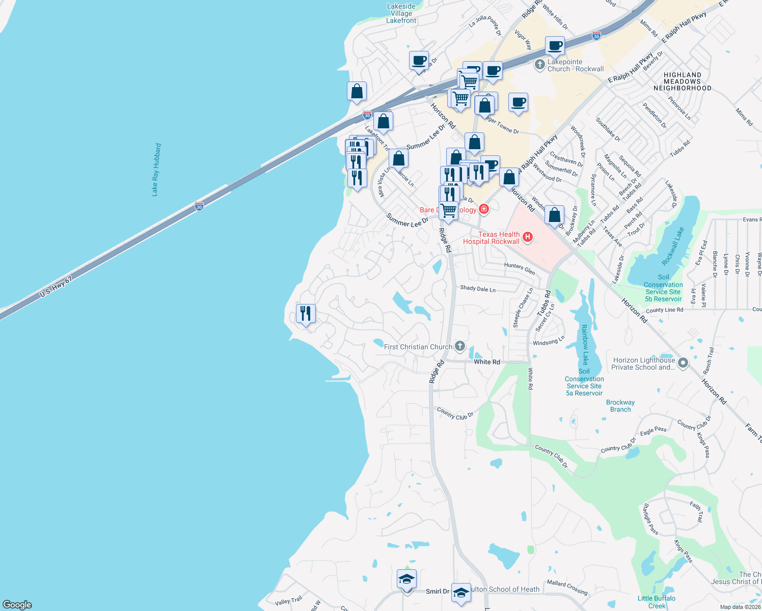 map of restaurants, bars, coffee shops, grocery stores, and more near 225 Sovereign Court in Rockwall