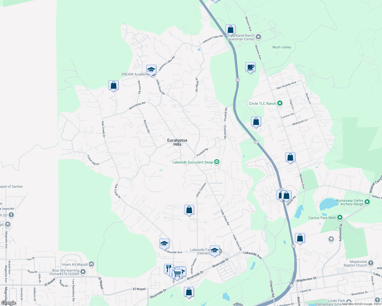 map of restaurants, bars, coffee shops, grocery stores, and more near 11795 Eucalyptus Hills Drive in Lakeside