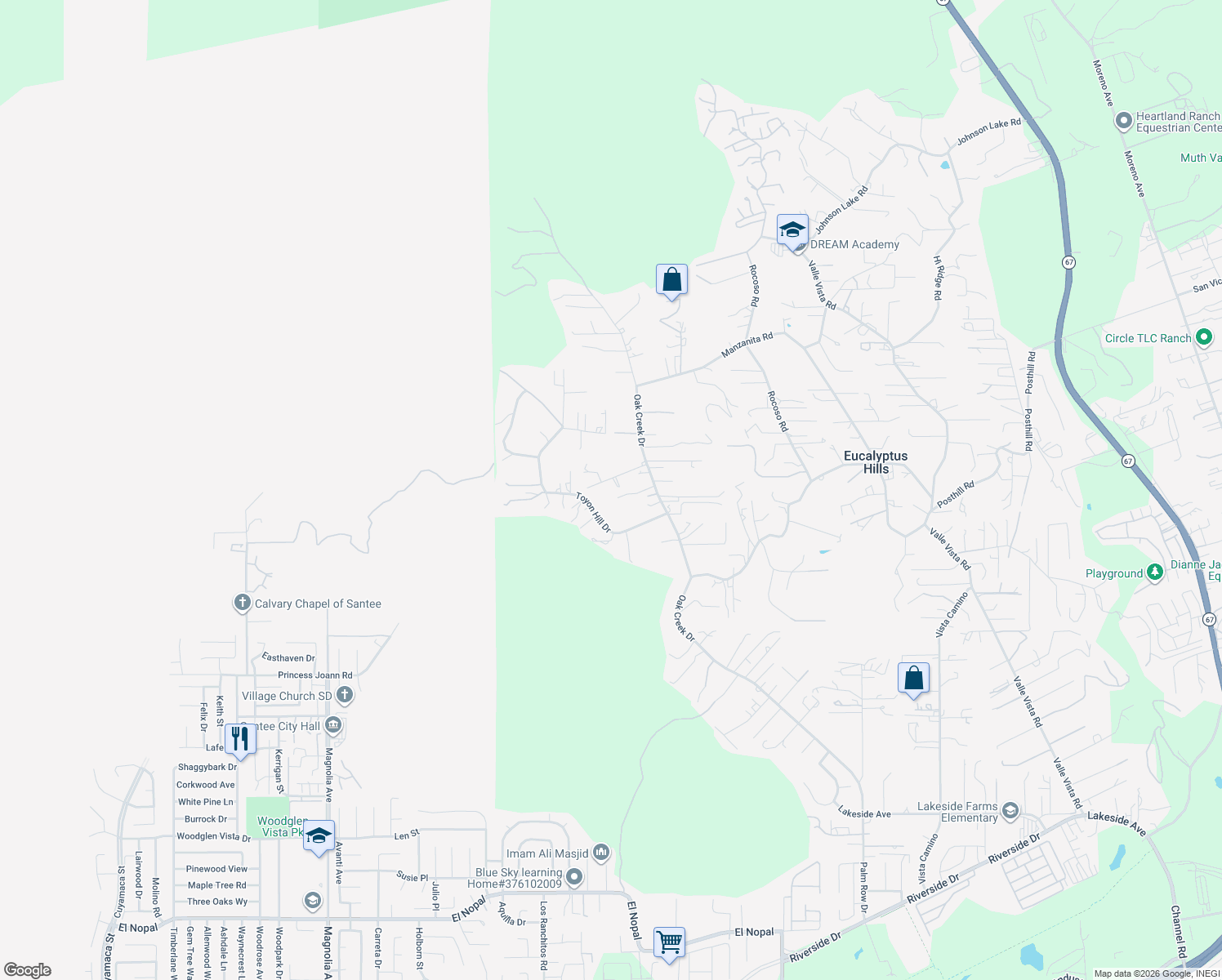 map of restaurants, bars, coffee shops, grocery stores, and more near 11109 Green Oaks Road in Lakeside
