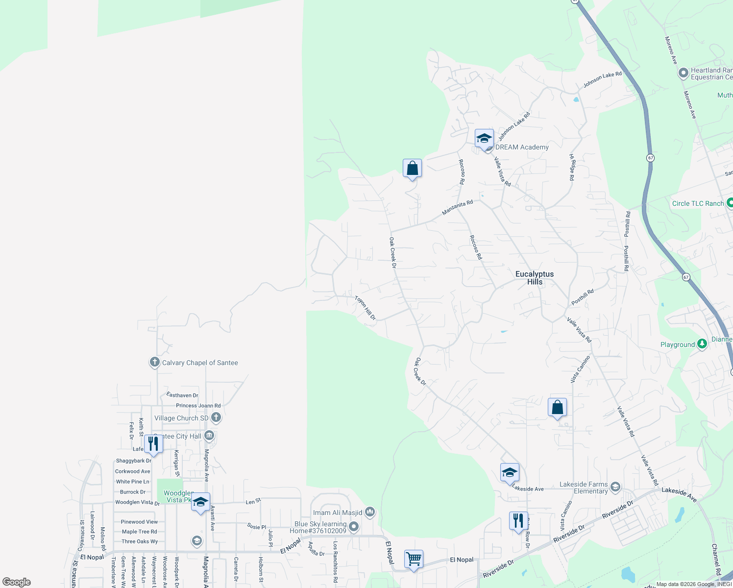 map of restaurants, bars, coffee shops, grocery stores, and more near 11109 Green Oaks Road in Lakeside