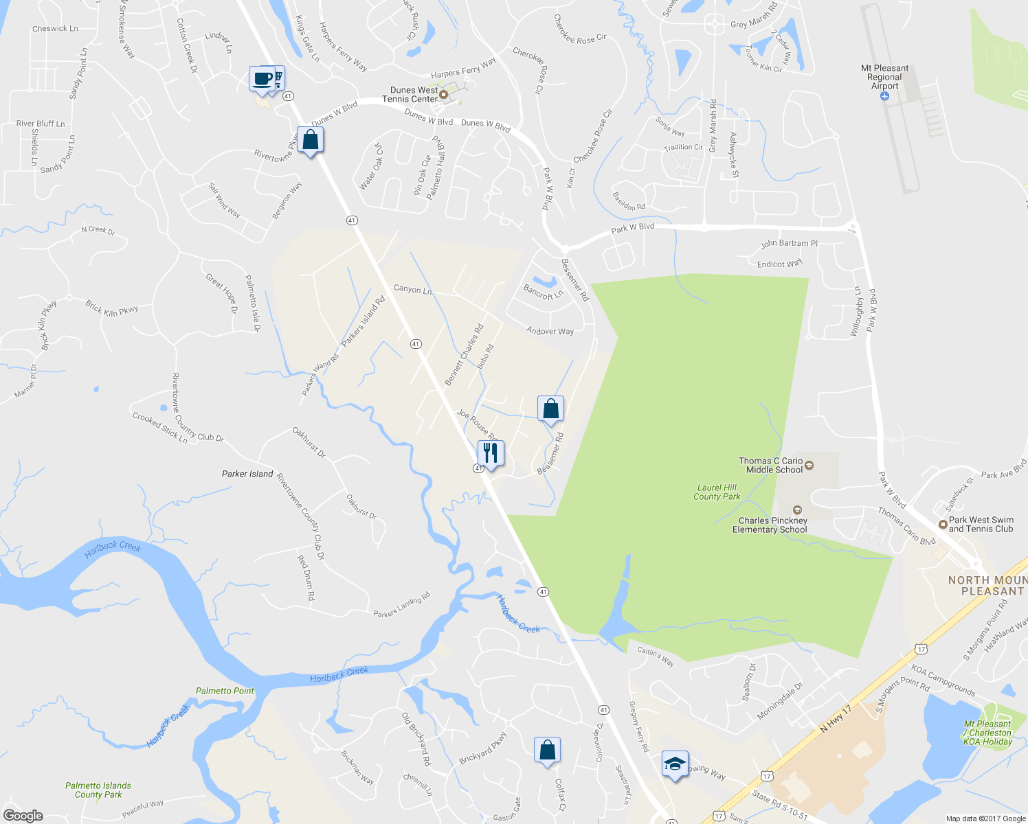 map of restaurants, bars, coffee shops, grocery stores, and more near 2984 Joseph Glover Road in Mount Pleasant