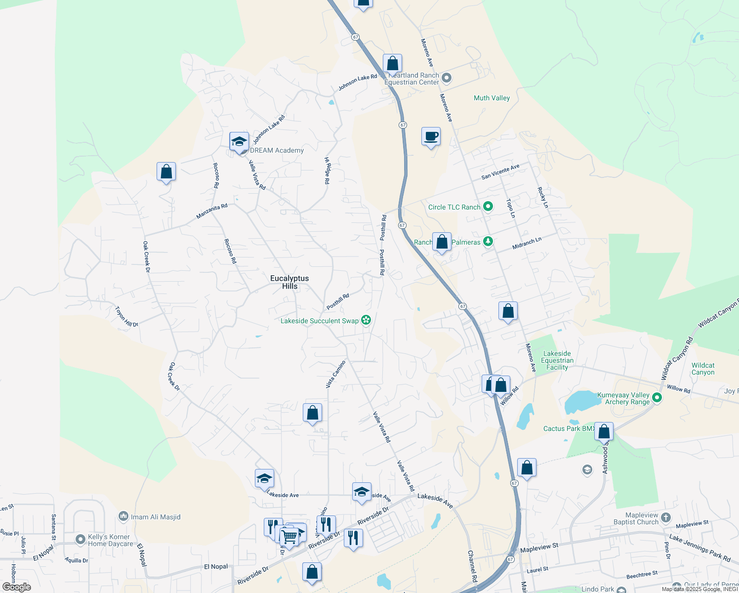 map of restaurants, bars, coffee shops, grocery stores, and more near 11319 Posthill Road in Lakeside