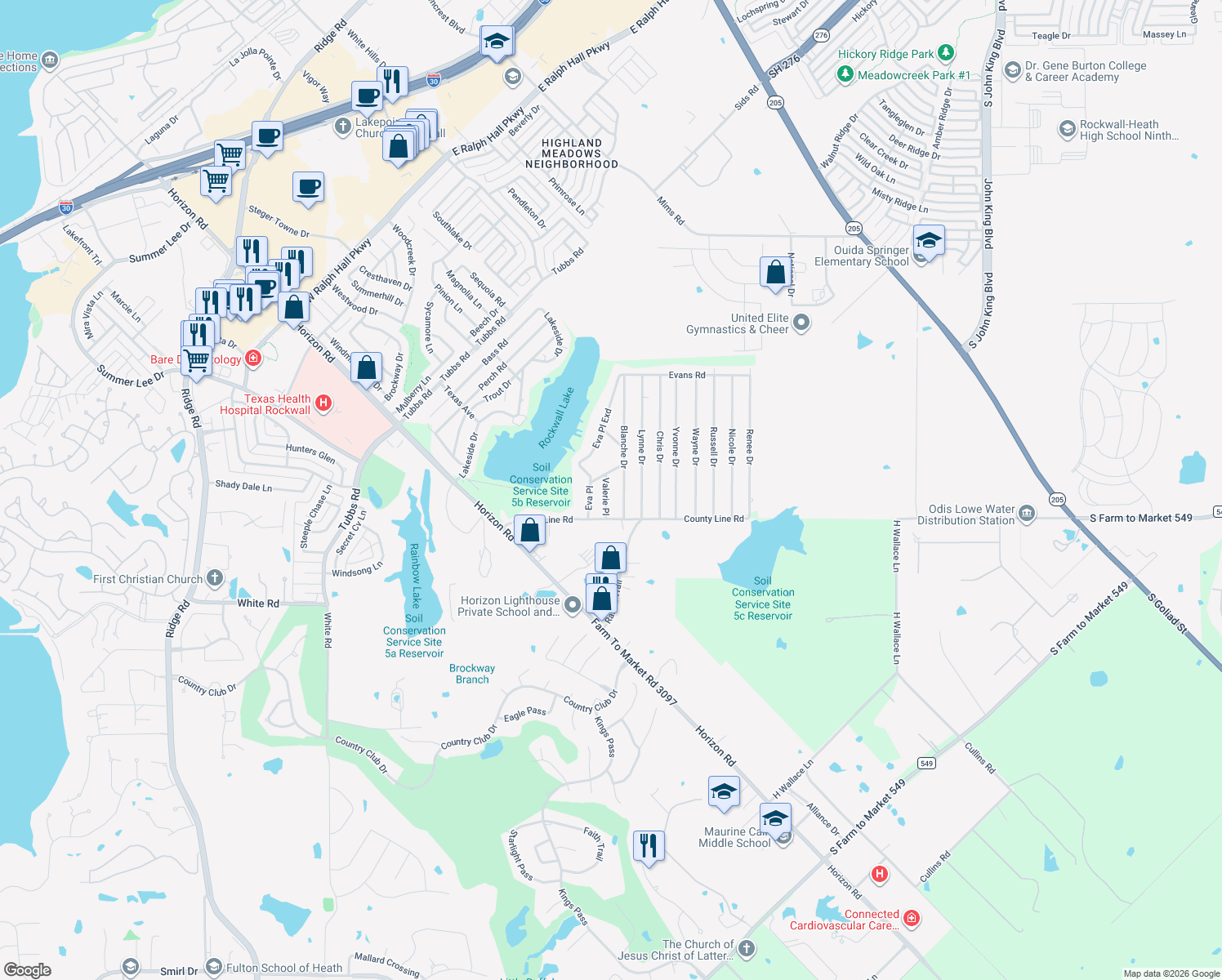 map of restaurants, bars, coffee shops, grocery stores, and more near 187 Valerie Pl in Rockwall
