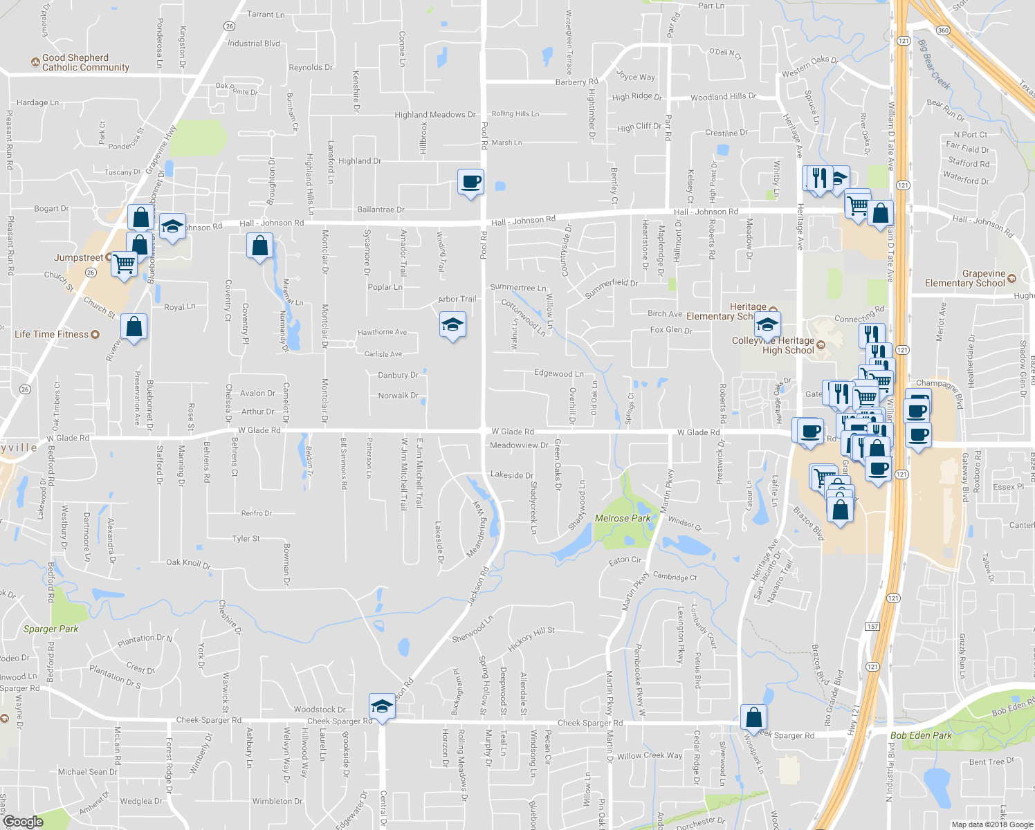 map of restaurants, bars, coffee shops, grocery stores, and more near 2800 Glade Road in Colleyville