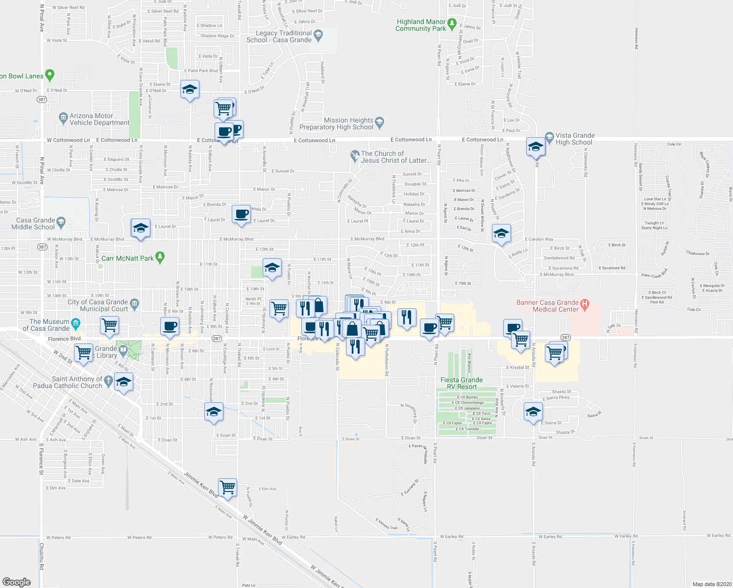 map of restaurants, bars, coffee shops, grocery stores, and more near 950 North Hilarry Court in Casa Grande