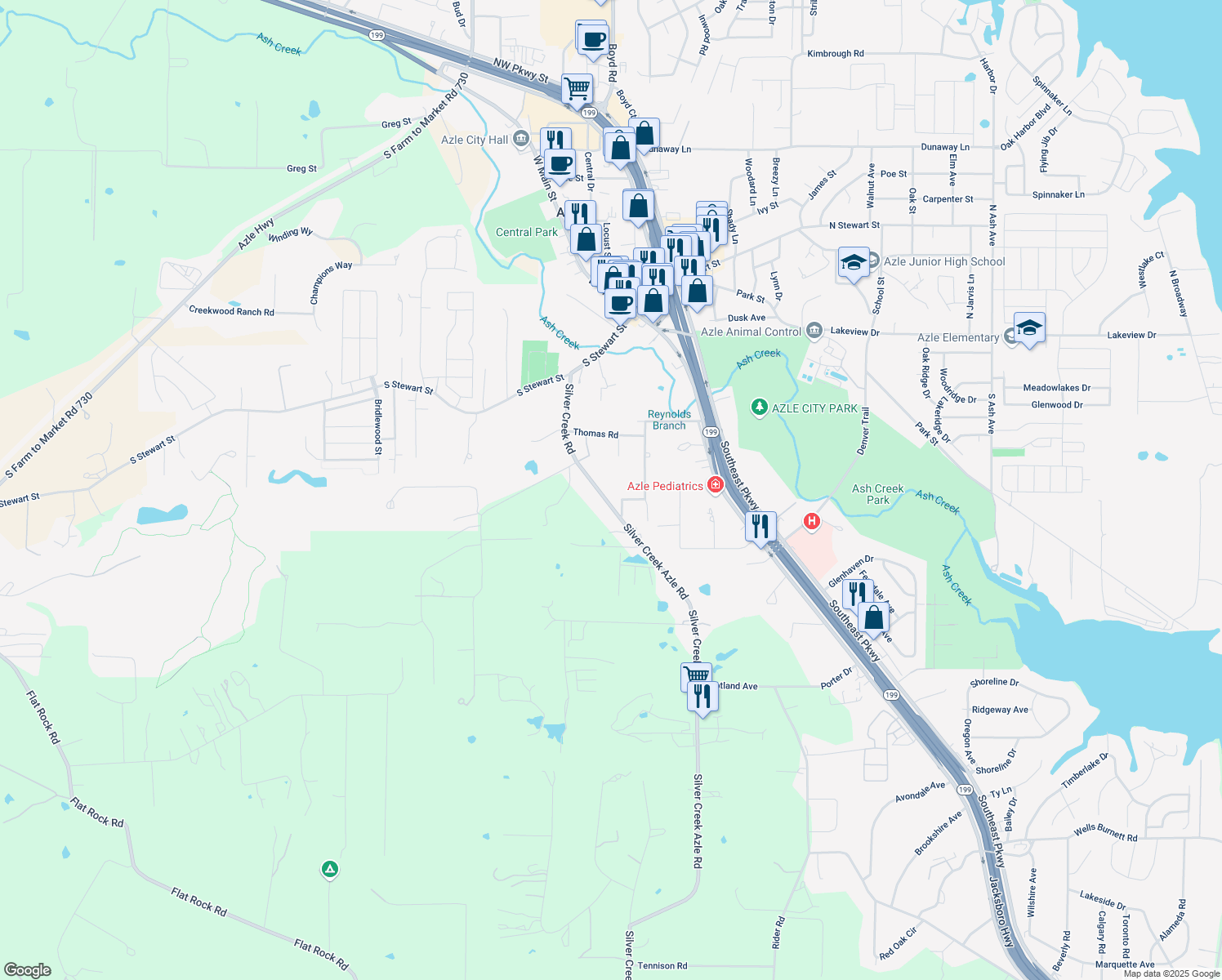 map of restaurants, bars, coffee shops, grocery stores, and more near 625 Silver Creek Road in Azle