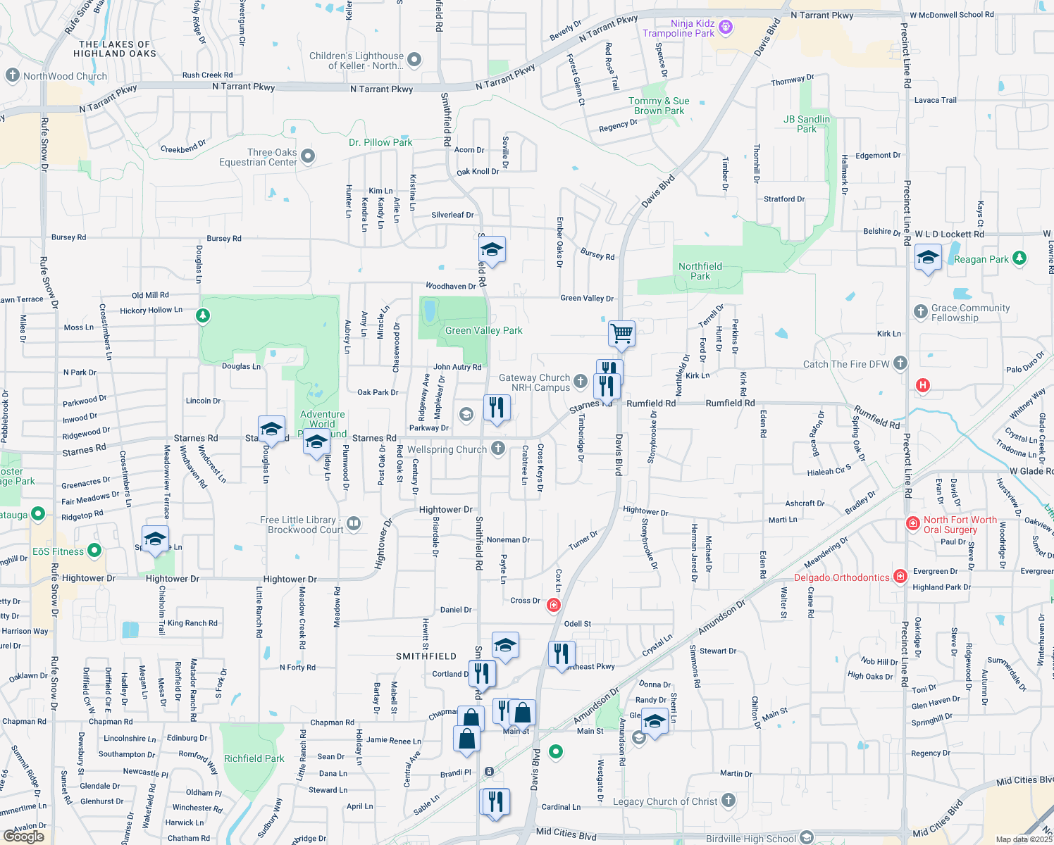 map of restaurants, bars, coffee shops, grocery stores, and more near 7413 Timberhill Drive in North Richland Hills