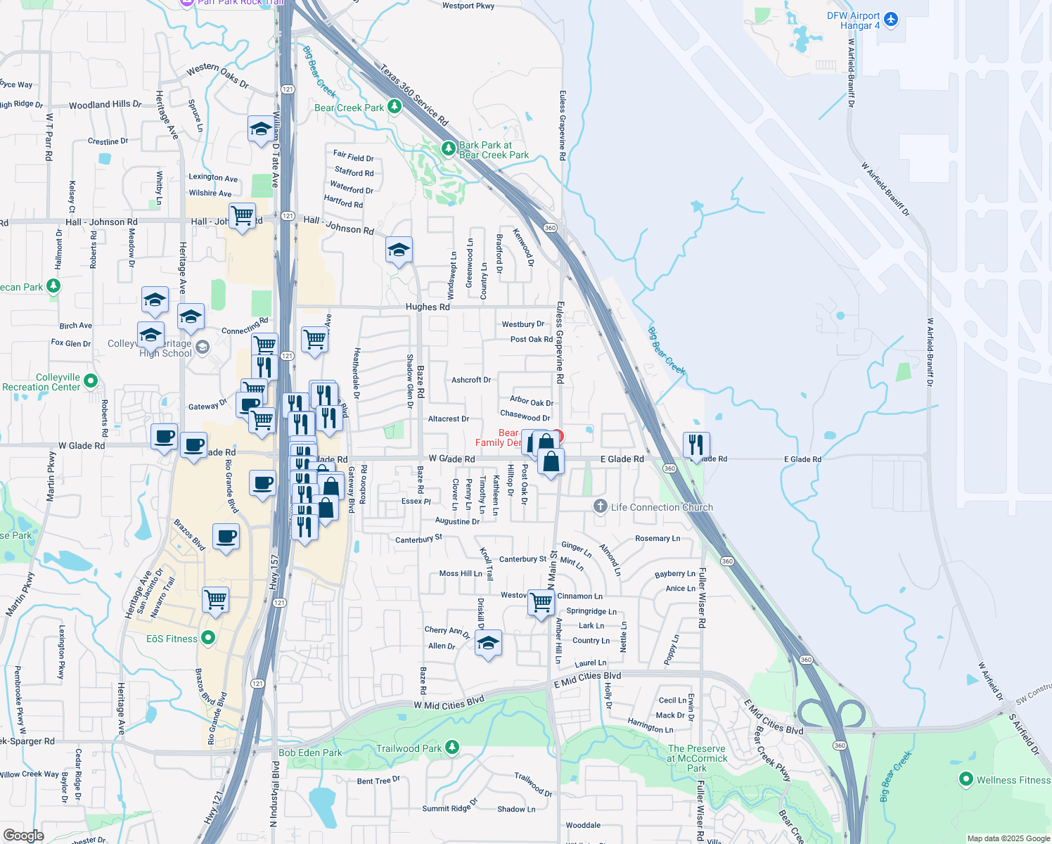 map of restaurants, bars, coffee shops, grocery stores, and more near 519 Chasewood Dr in Grapevine