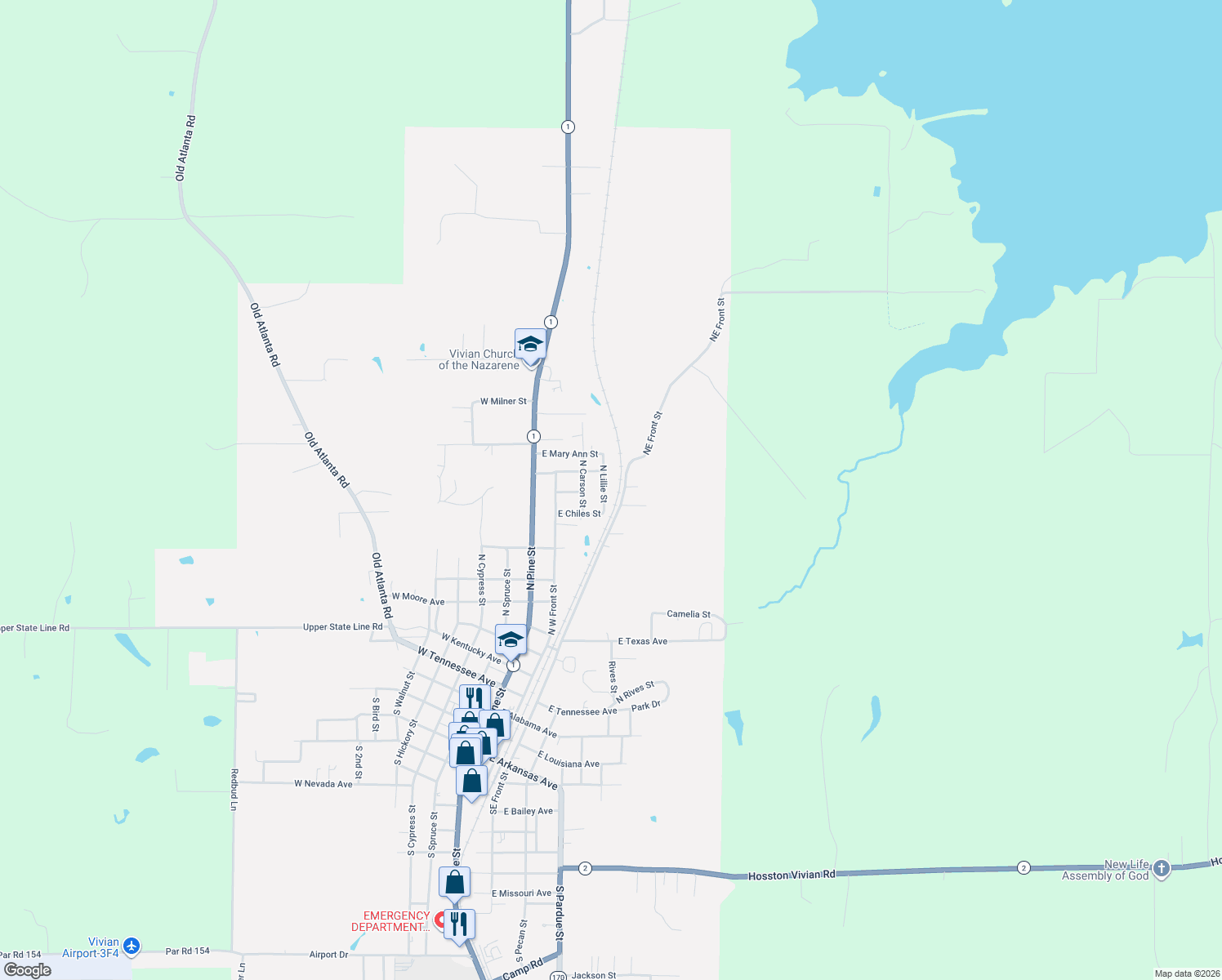 map of restaurants, bars, coffee shops, grocery stores, and more near 1016 North Lillie Street in Vivian