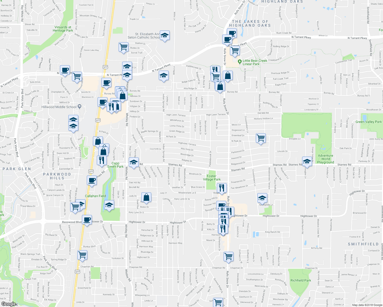 map of restaurants, bars, coffee shops, grocery stores, and more near 6525 Ridglea Drive in Watauga
