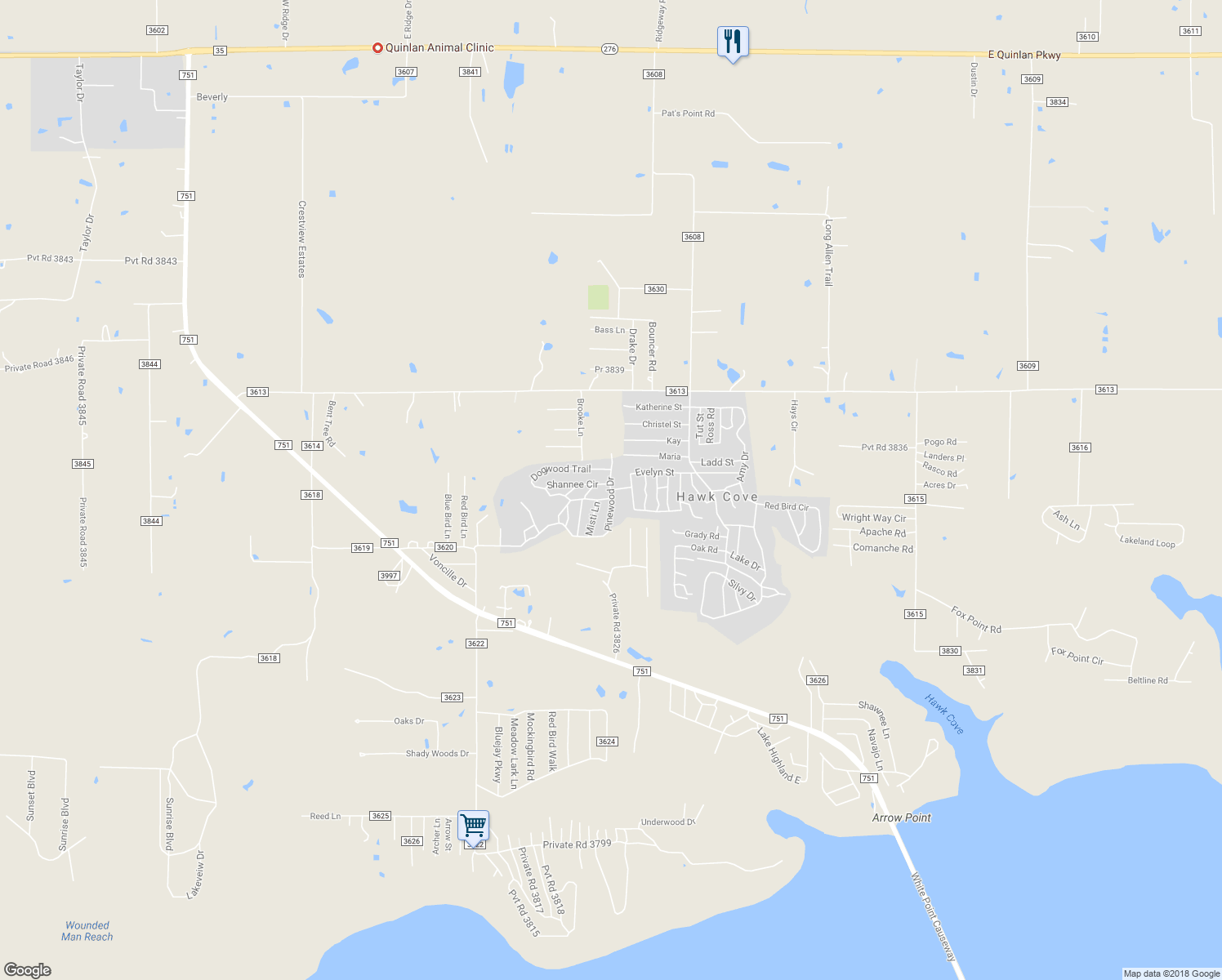 map of restaurants, bars, coffee shops, grocery stores, and more near 9374 Pinewood Drive in Quinlan