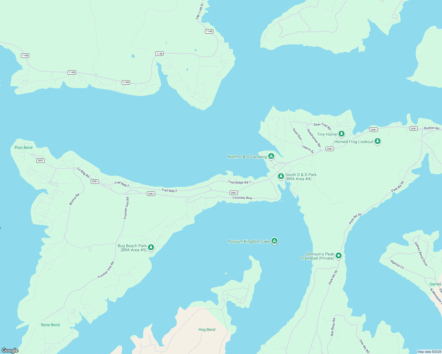 map of restaurants, bars, coffee shops, grocery stores, and more near 2129 Trail Ridge Road in Graford