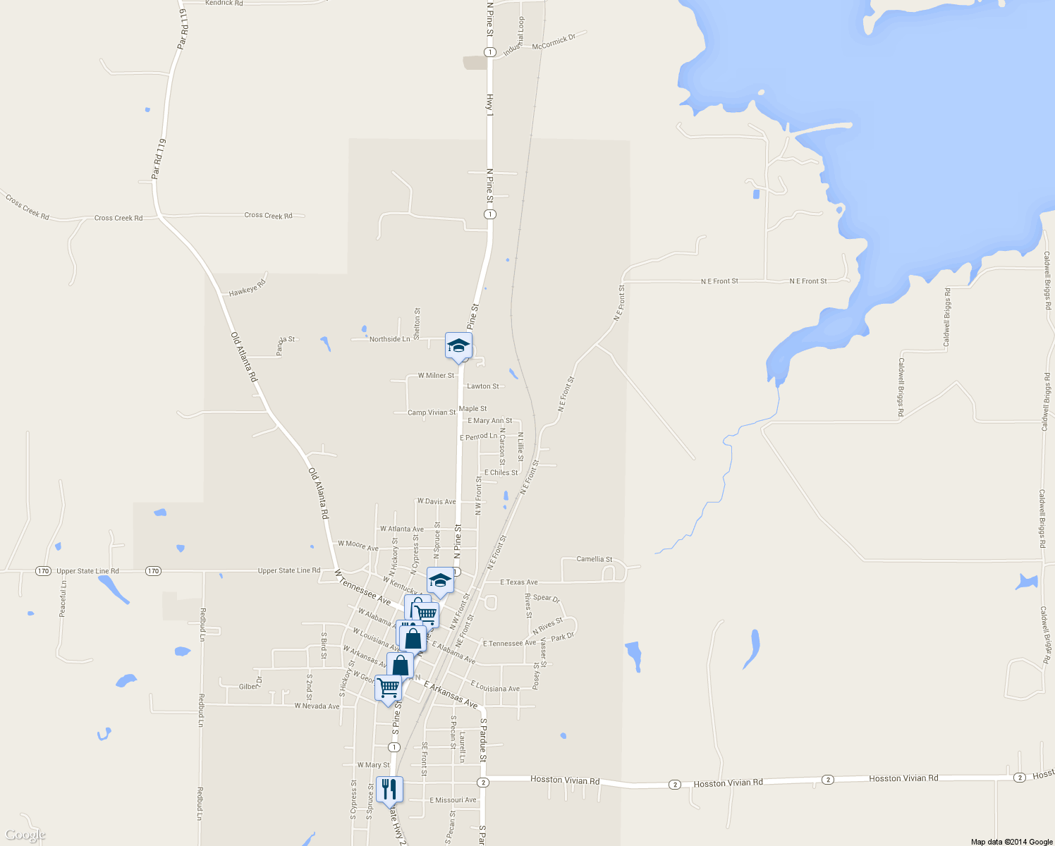 map of restaurants, bars, coffee shops, grocery stores, and more near 1202 North Lillie Street in Vivian