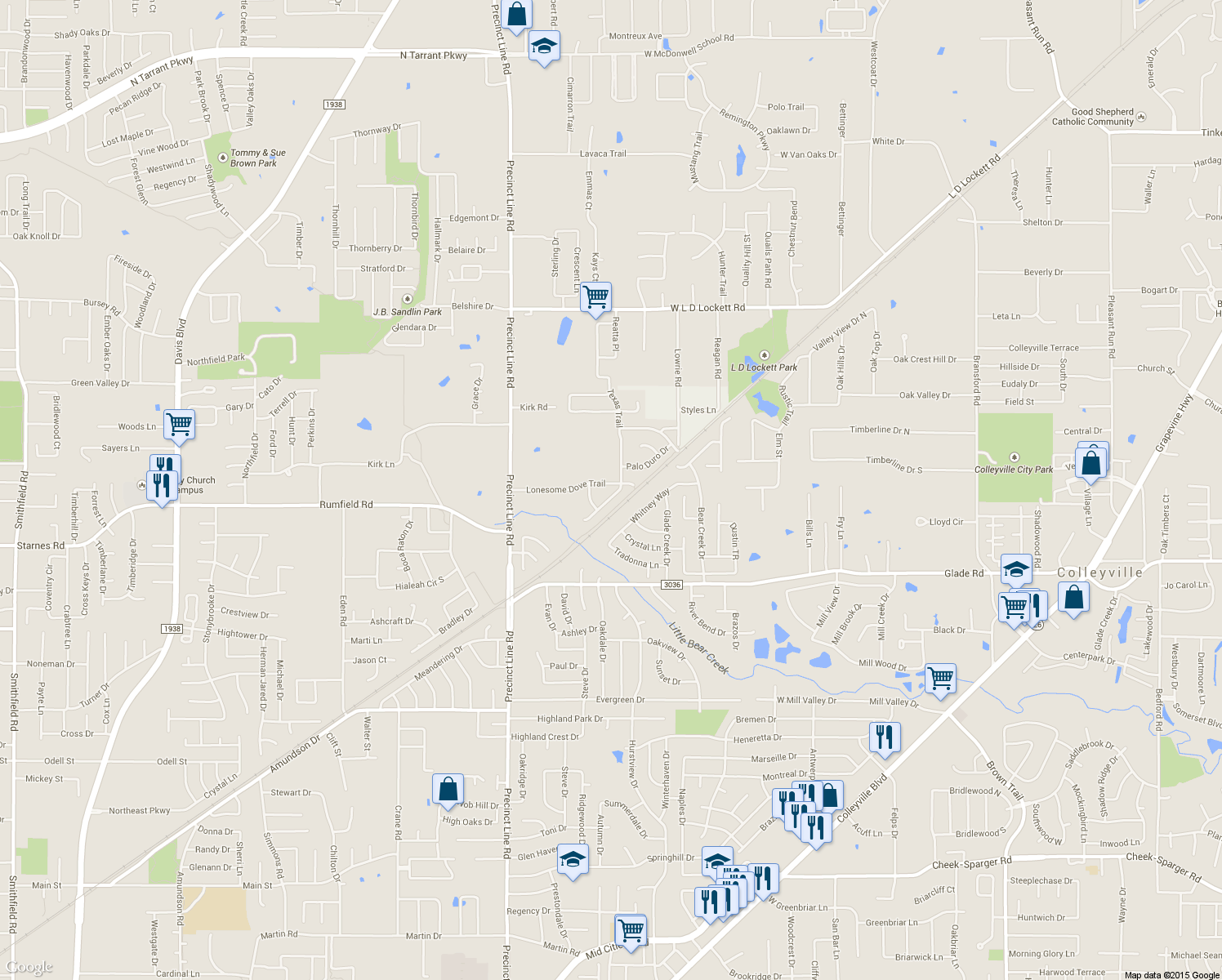 map of restaurants, bars, coffee shops, grocery stores, and more near 3417 Texas Trail in Hurst