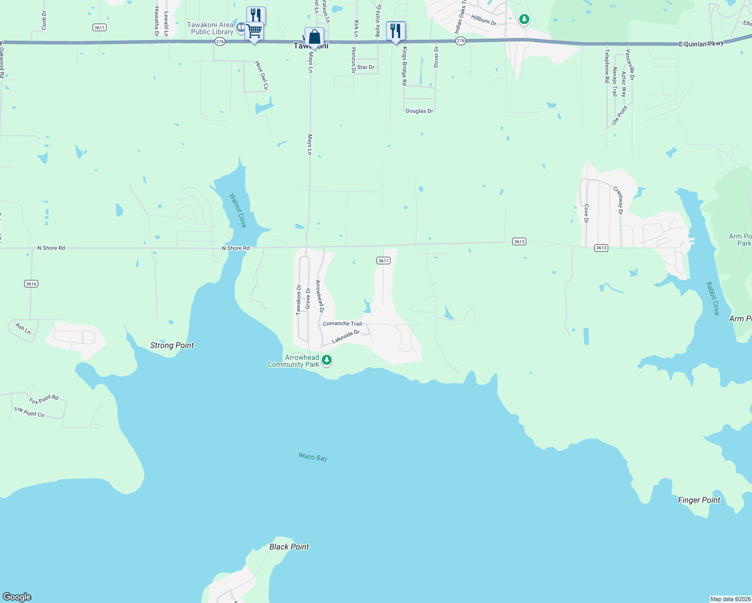 map of restaurants, bars, coffee shops, grocery stores, and more near 1429 Raintree Road in Quinlan