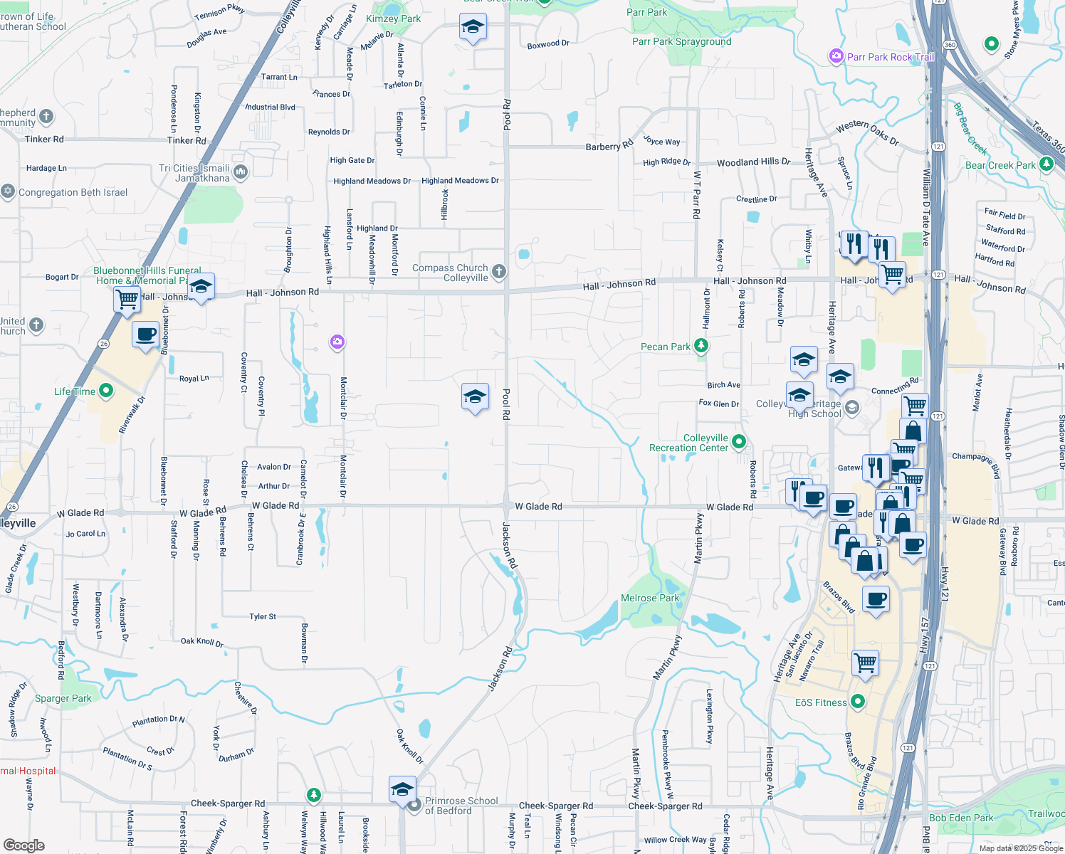 map of restaurants, bars, coffee shops, grocery stores, and more near 2706 Red Oak Court West in Colleyville