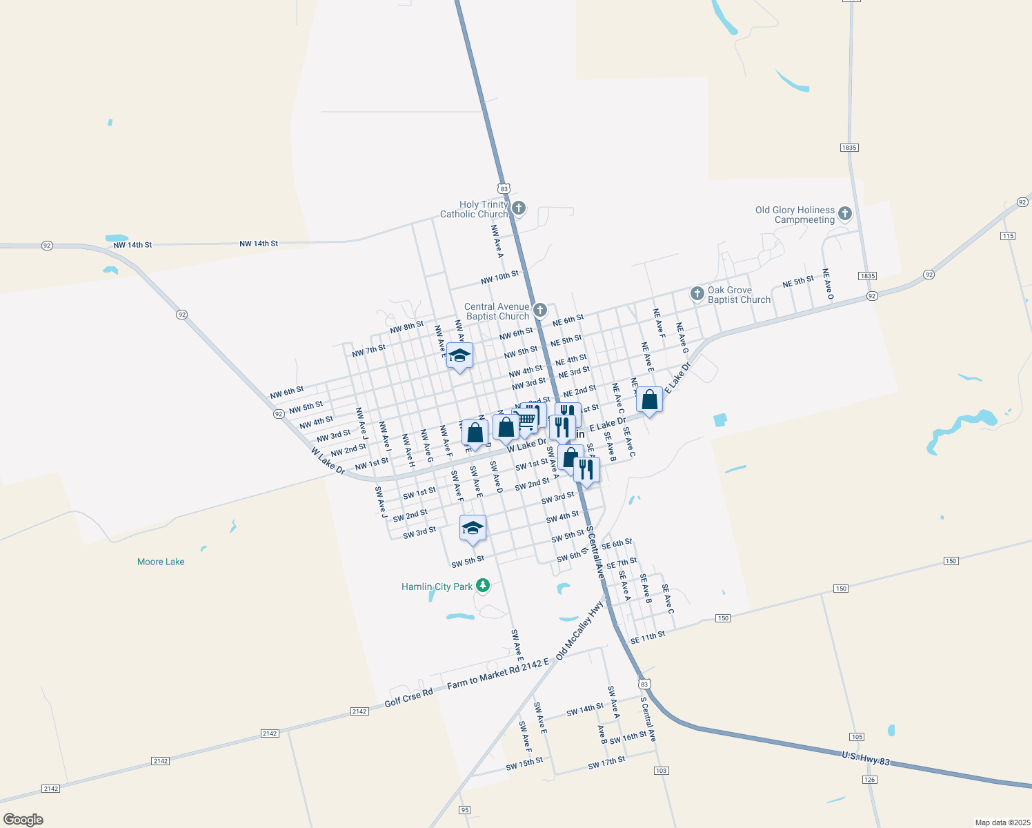 map of restaurants, bars, coffee shops, grocery stores, and more near 148 Northwest Avenue B in Hamlin