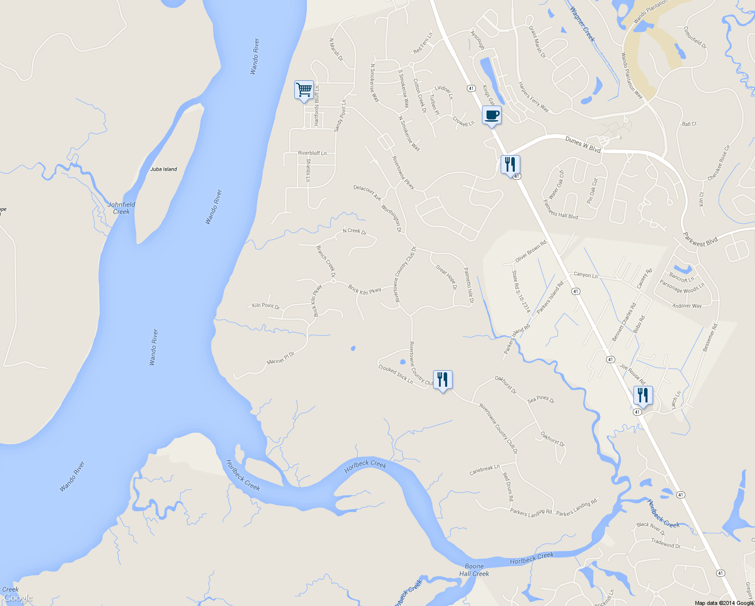 map of restaurants, bars, coffee shops, grocery stores, and more near 2705 Sarazen Drive in Mount Pleasant