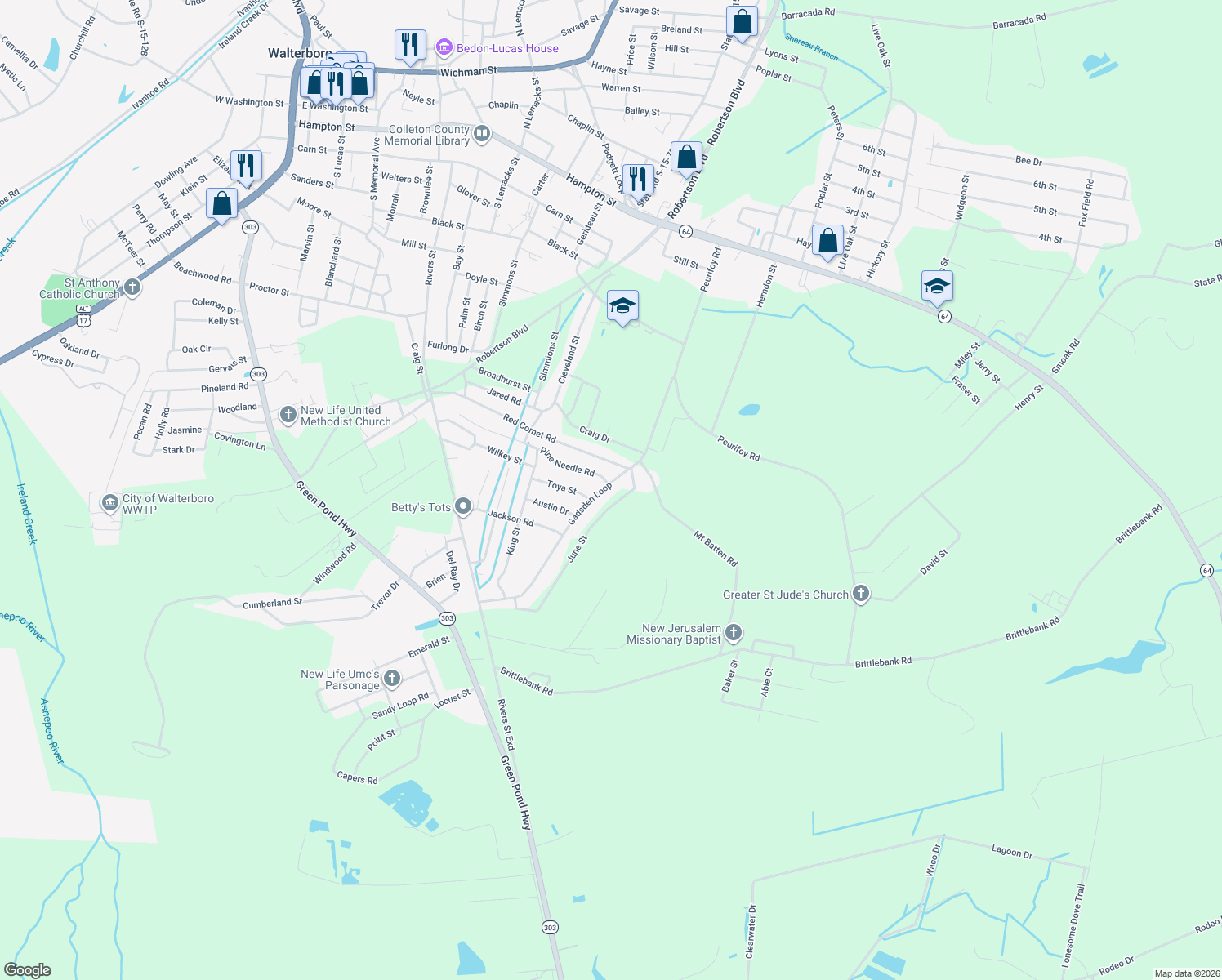 map of restaurants, bars, coffee shops, grocery stores, and more near 714 Gadsden Loop in Walterboro