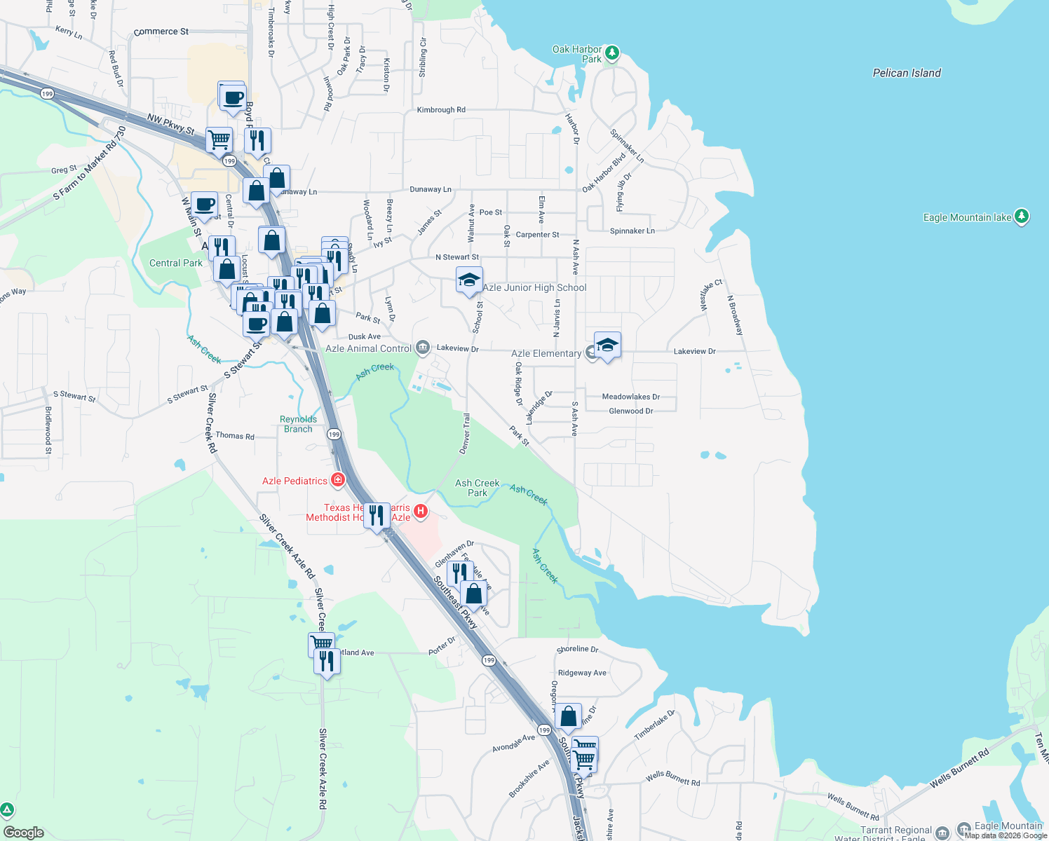 map of restaurants, bars, coffee shops, grocery stores, and more near 945 Lakeridge Drive in Azle