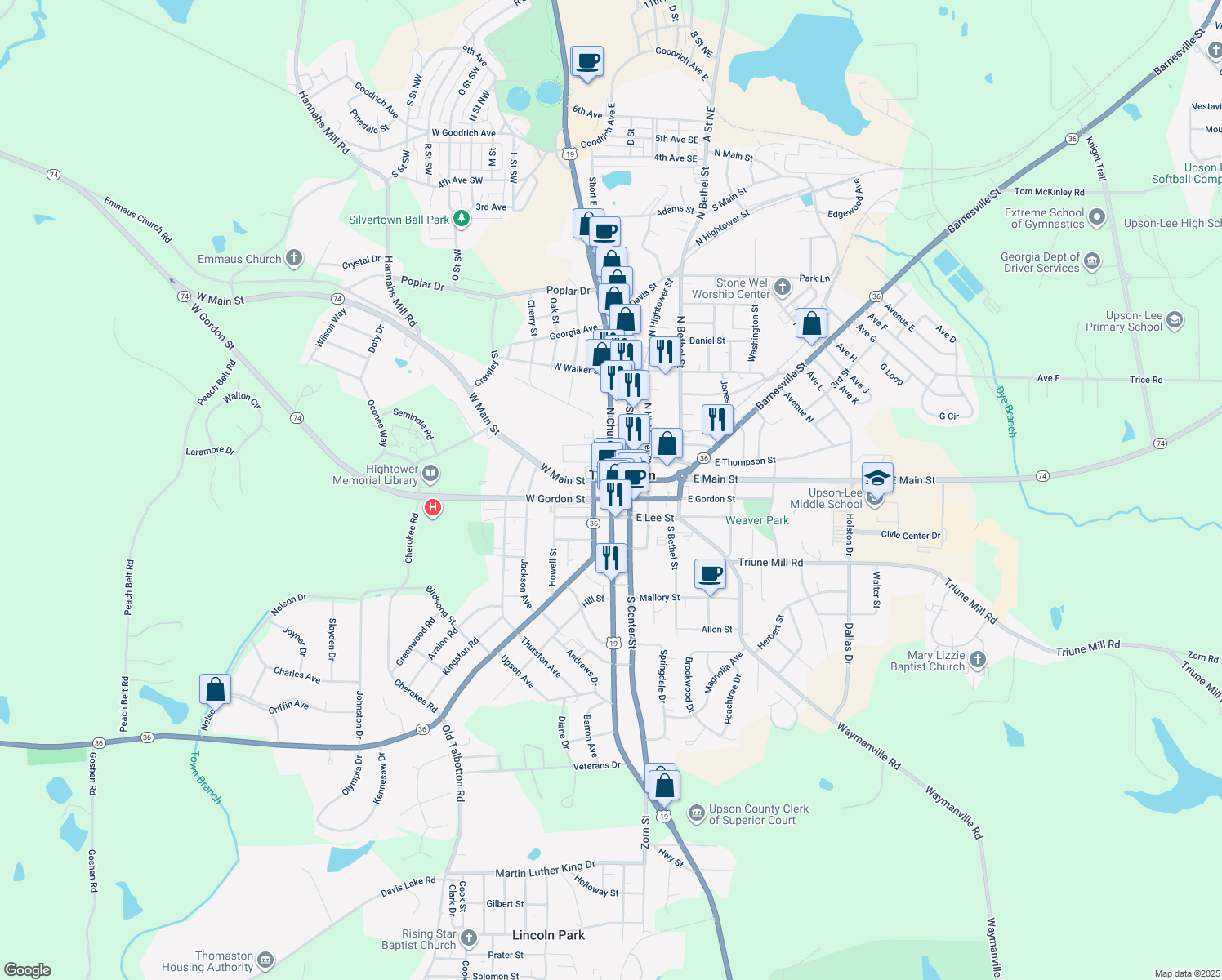 map of restaurants, bars, coffee shops, grocery stores, and more near 148 South Church Street in Thomaston