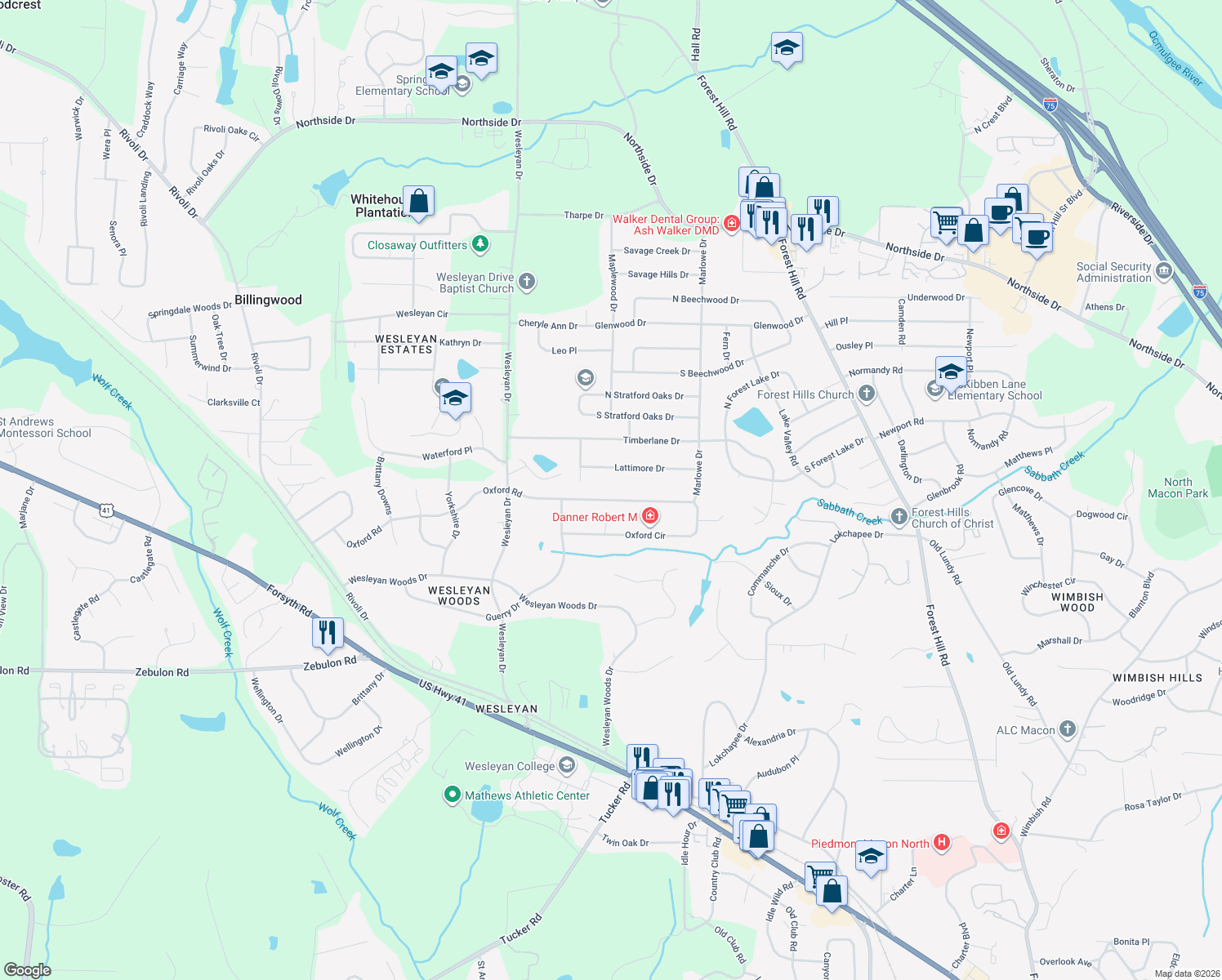 map of restaurants, bars, coffee shops, grocery stores, and more near 4765 Oxford Rd in Macon