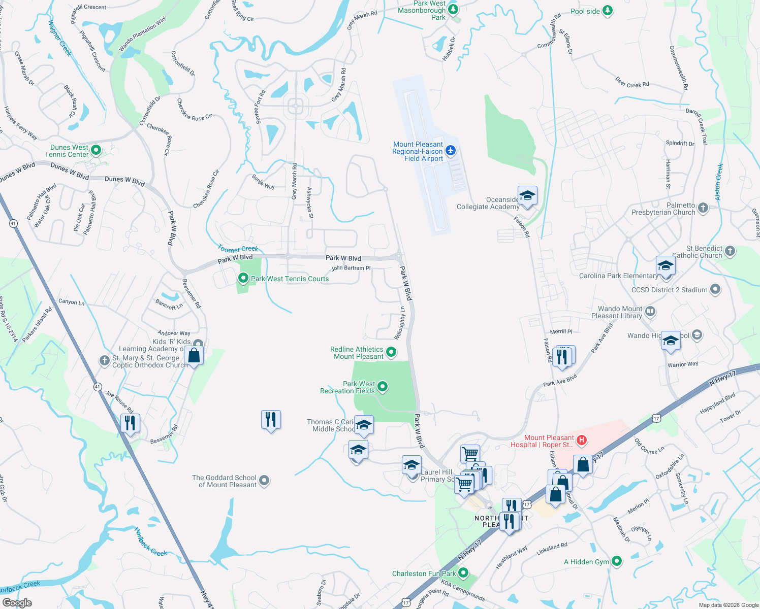 map of restaurants, bars, coffee shops, grocery stores, and more near 1489 Clarendon Way in Mount Pleasant