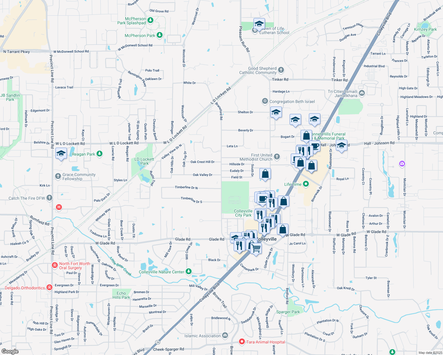 map of restaurants, bars, coffee shops, grocery stores, and more near 5379 Bransford Rd in Colleyville