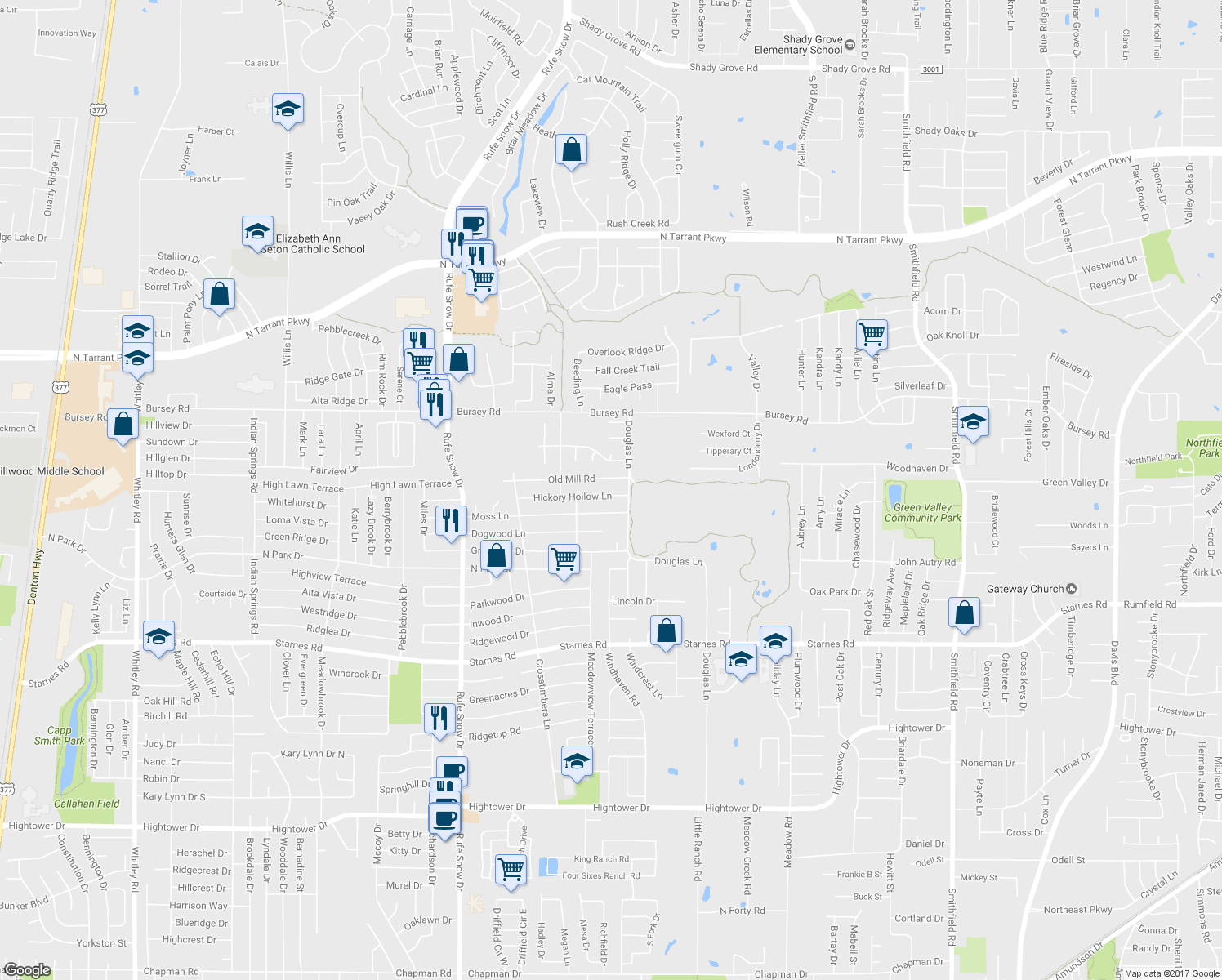 map of restaurants, bars, coffee shops, grocery stores, and more near 6881 Hickory Hollow Lane in North Richland Hills