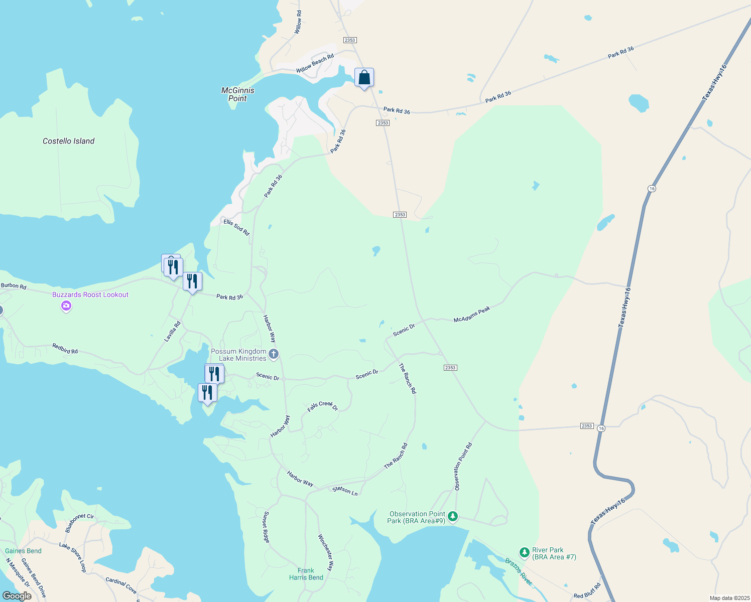 map of restaurants, bars, coffee shops, grocery stores, and more near 1271 Plateau in Graford