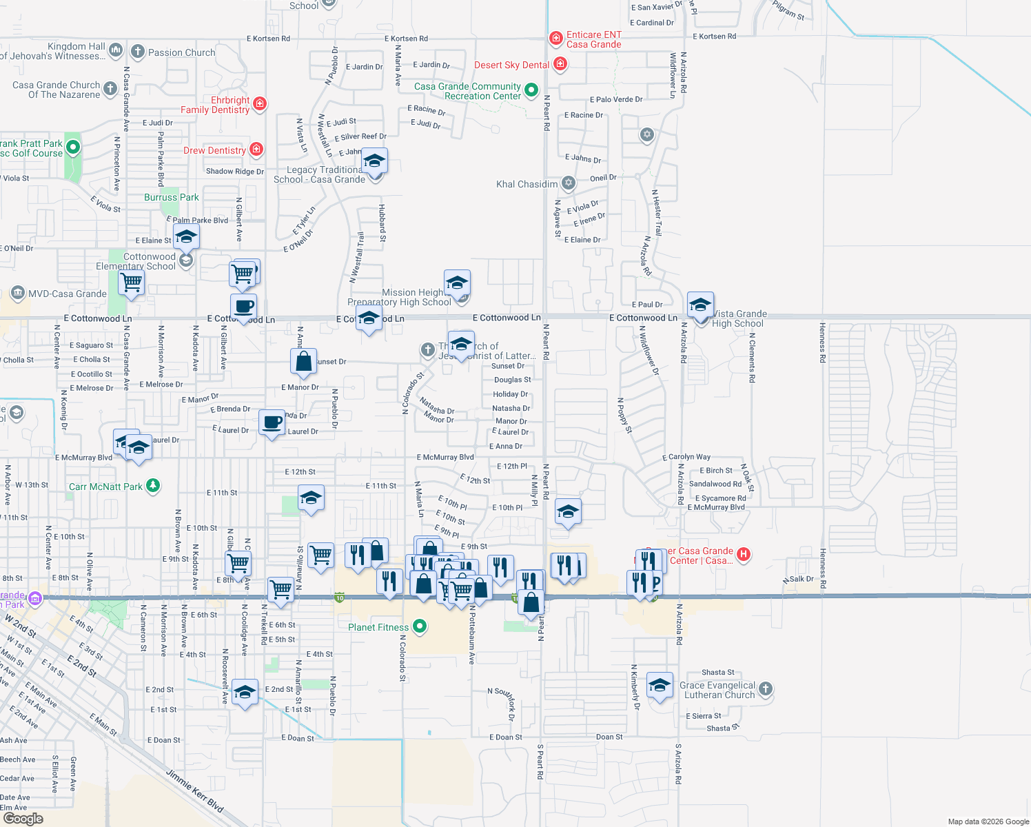 map of restaurants, bars, coffee shops, grocery stores, and more near 1461 Natasha Drive in Casa Grande
