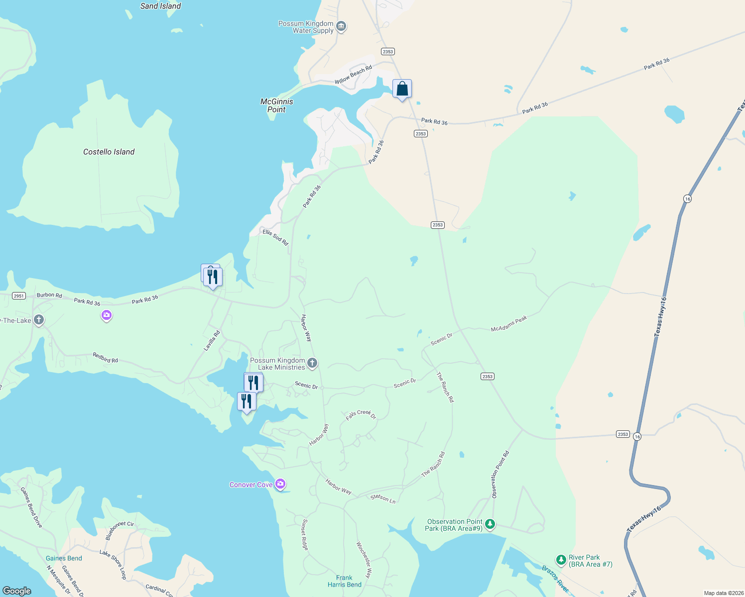 map of restaurants, bars, coffee shops, grocery stores, and more near 1020 Highland Drive in Graford
