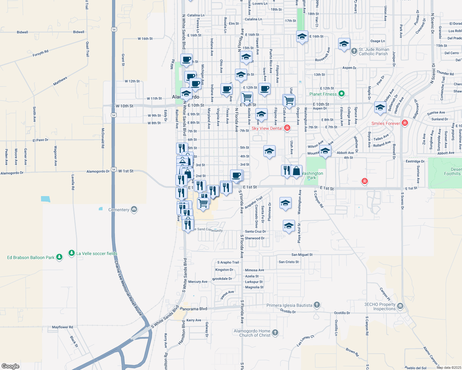 map of restaurants, bars, coffee shops, grocery stores, and more near 100 Texas Ave in Alamogordo