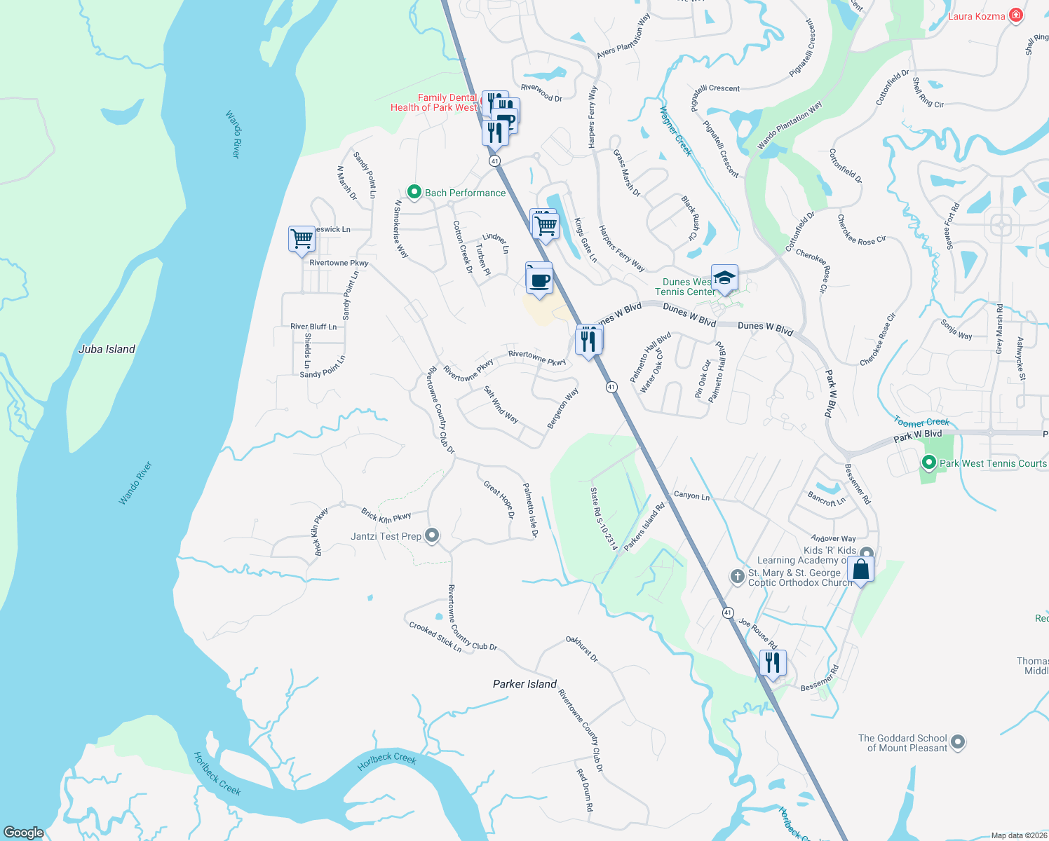 map of restaurants, bars, coffee shops, grocery stores, and more near 2188 Salt Wind Way in Mount Pleasant