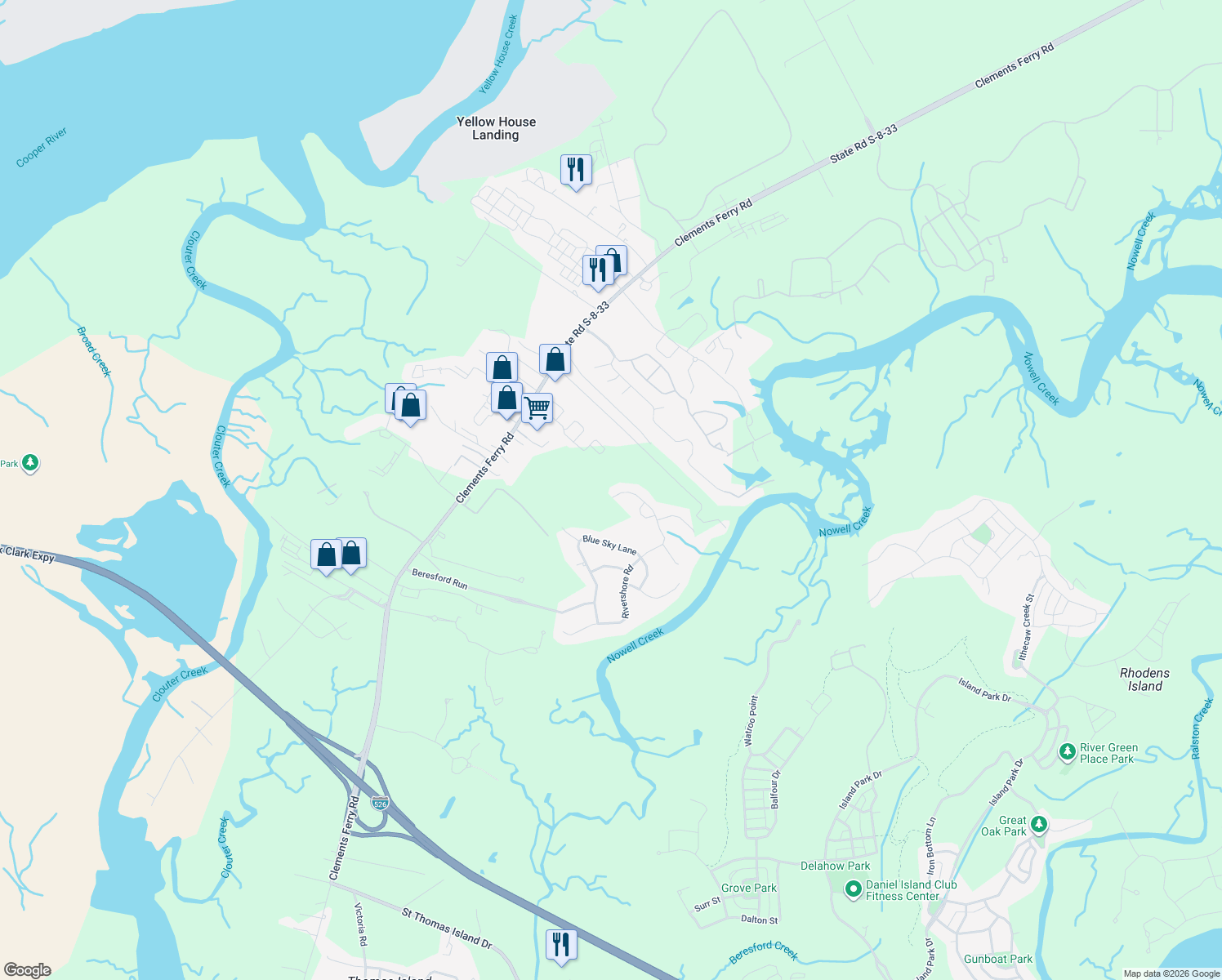 map of restaurants, bars, coffee shops, grocery stores, and more near 1187 Rivershore Road in Charleston