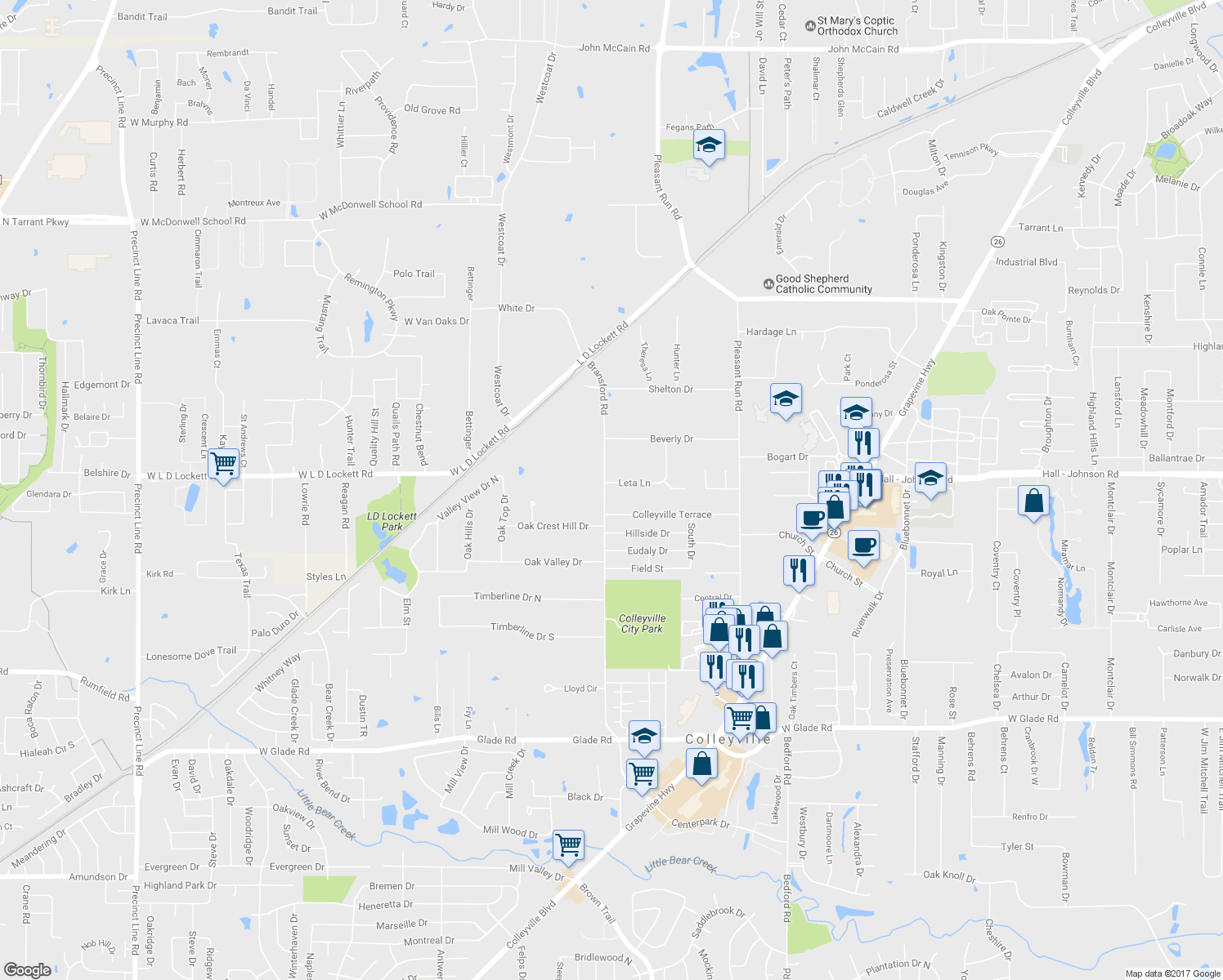 map of restaurants, bars, coffee shops, grocery stores, and more near 505 Leta Lane in Colleyville