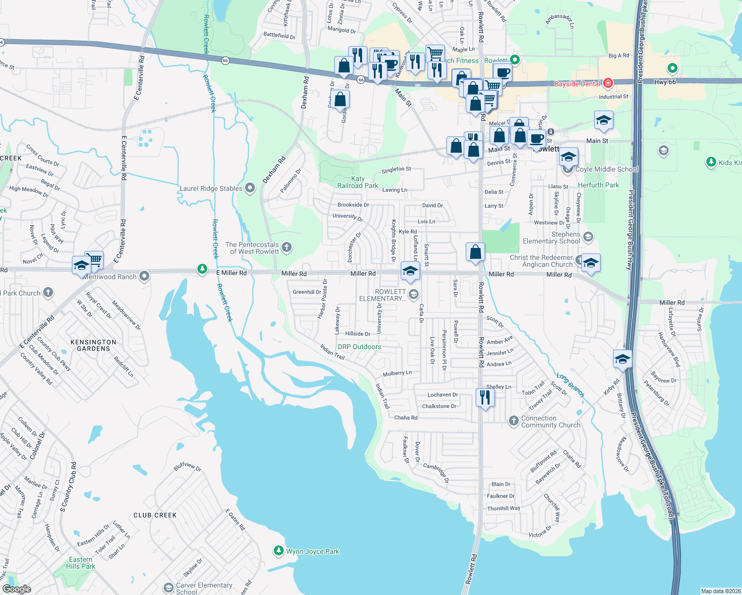 map of restaurants, bars, coffee shops, grocery stores, and more near 3209 Elmhurst Street in Rowlett