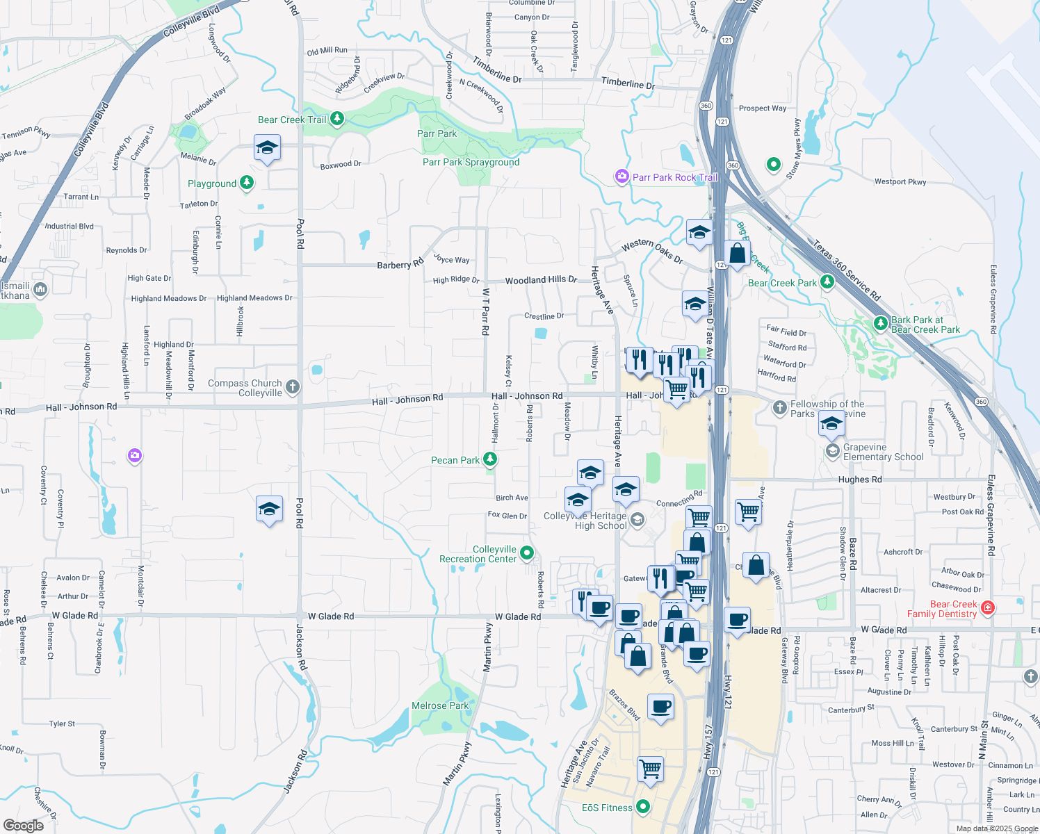 map of restaurants, bars, coffee shops, grocery stores, and more near 3004 Mahan Ct in Grapevine