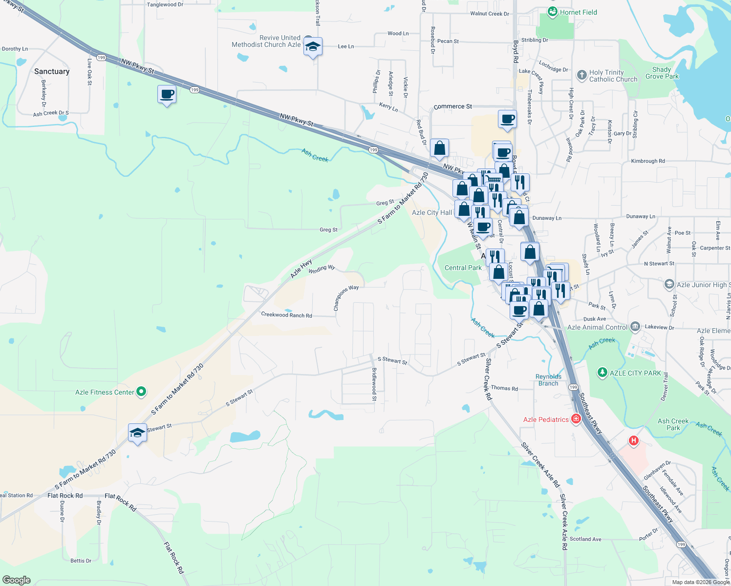 map of restaurants, bars, coffee shops, grocery stores, and more near 156 Champions Way in Azle