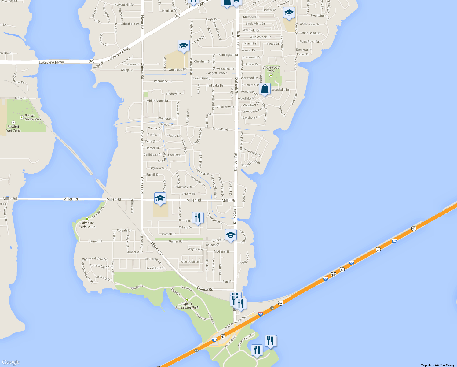 map of restaurants, bars, coffee shops, grocery stores, and more near 3501 Sunlight Dr in Rowlett