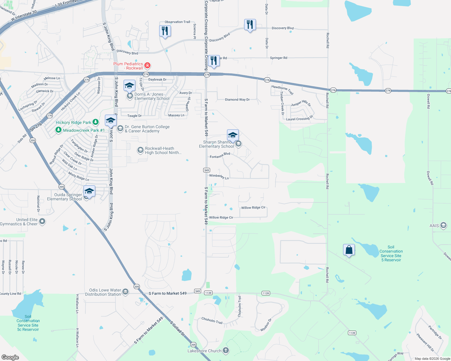 map of restaurants, bars, coffee shops, grocery stores, and more near 3023 Wimberley Lane in Rockwall