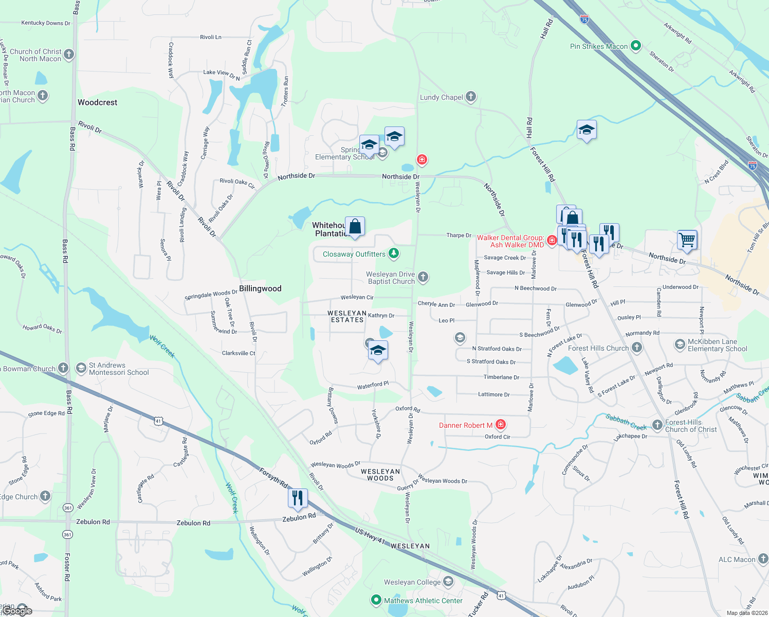 map of restaurants, bars, coffee shops, grocery stores, and more near 4951 Kathryn Dr in Macon
