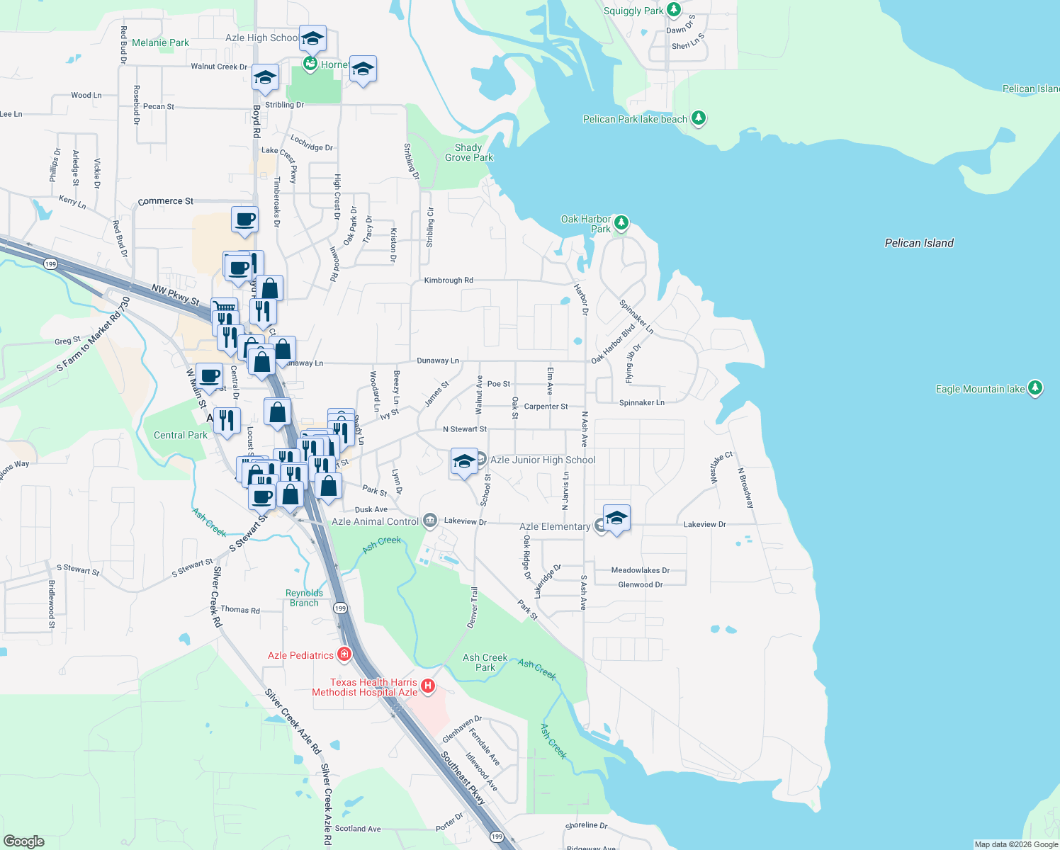 map of restaurants, bars, coffee shops, grocery stores, and more near 1009 North Stewart Street in Azle