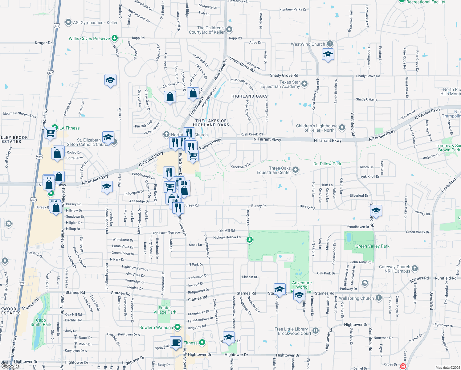 map of restaurants, bars, coffee shops, grocery stores, and more near 1902 Overlook Ridge Drive in Keller