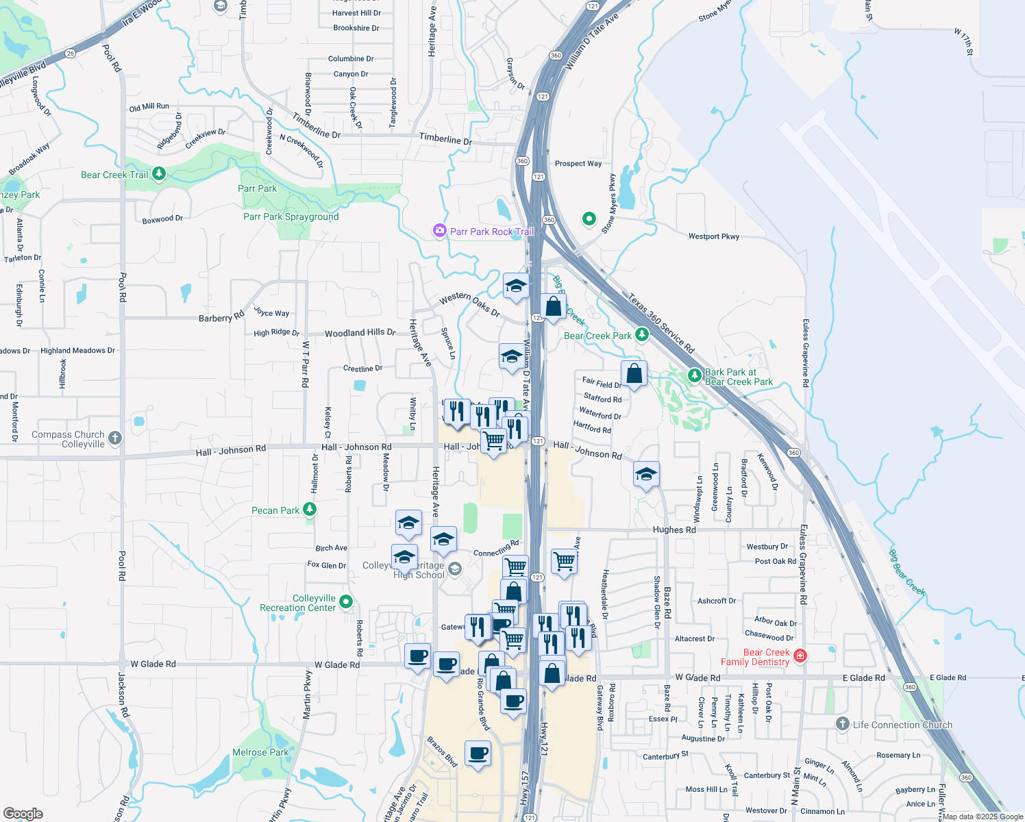 map of restaurants, bars, coffee shops, grocery stores, and more near 3900 William D Tate Ave in Grapevine