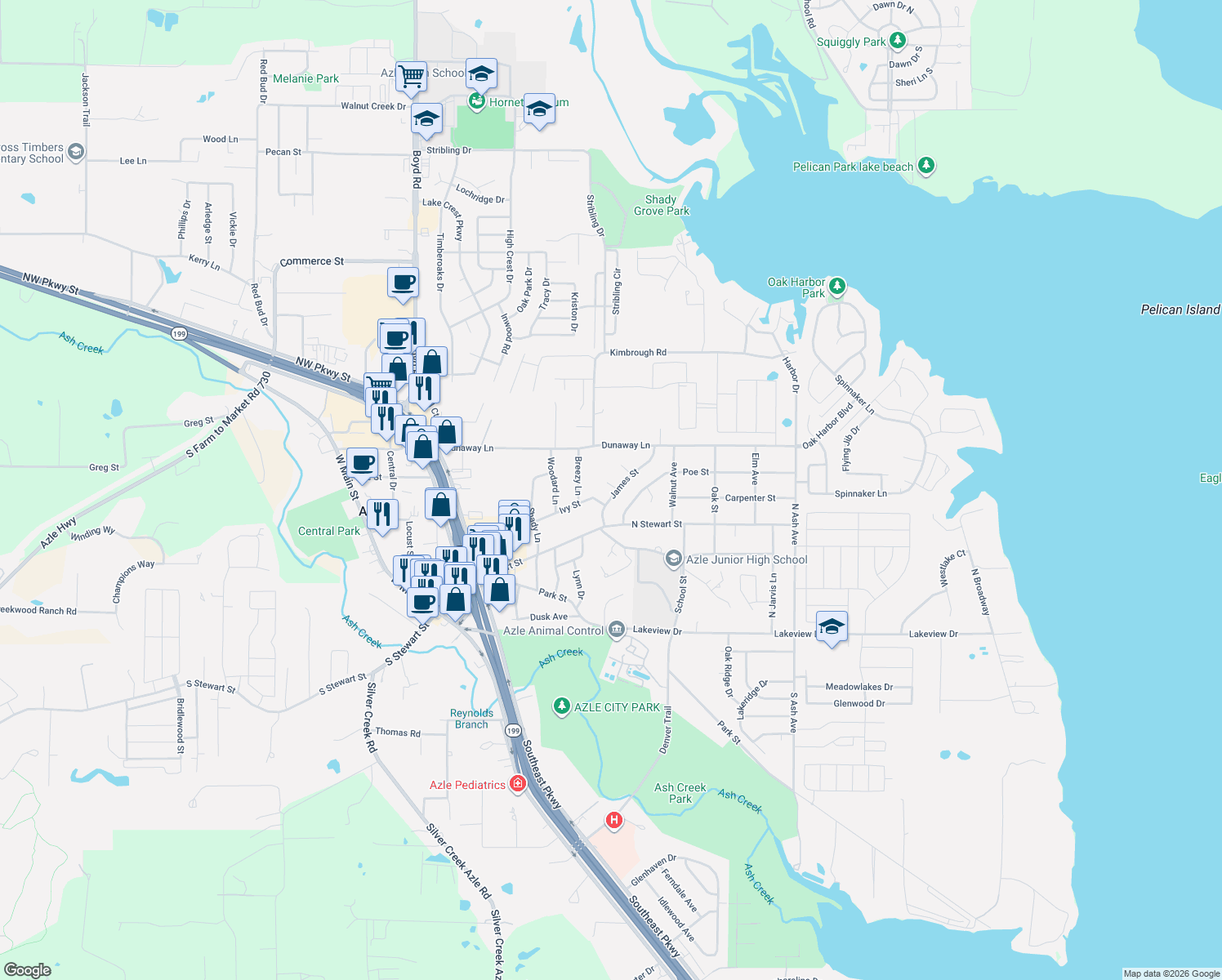 map of restaurants, bars, coffee shops, grocery stores, and more near 801 James Street in Azle