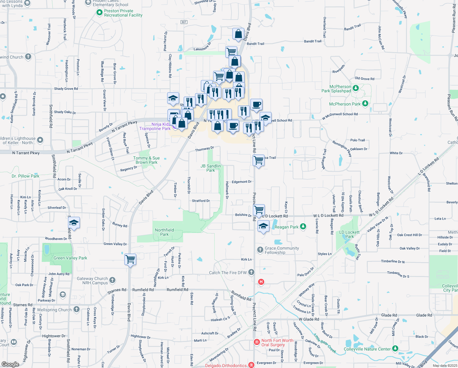 map of restaurants, bars, coffee shops, grocery stores, and more near 9100 Edgemont Dr in North Richland Hills