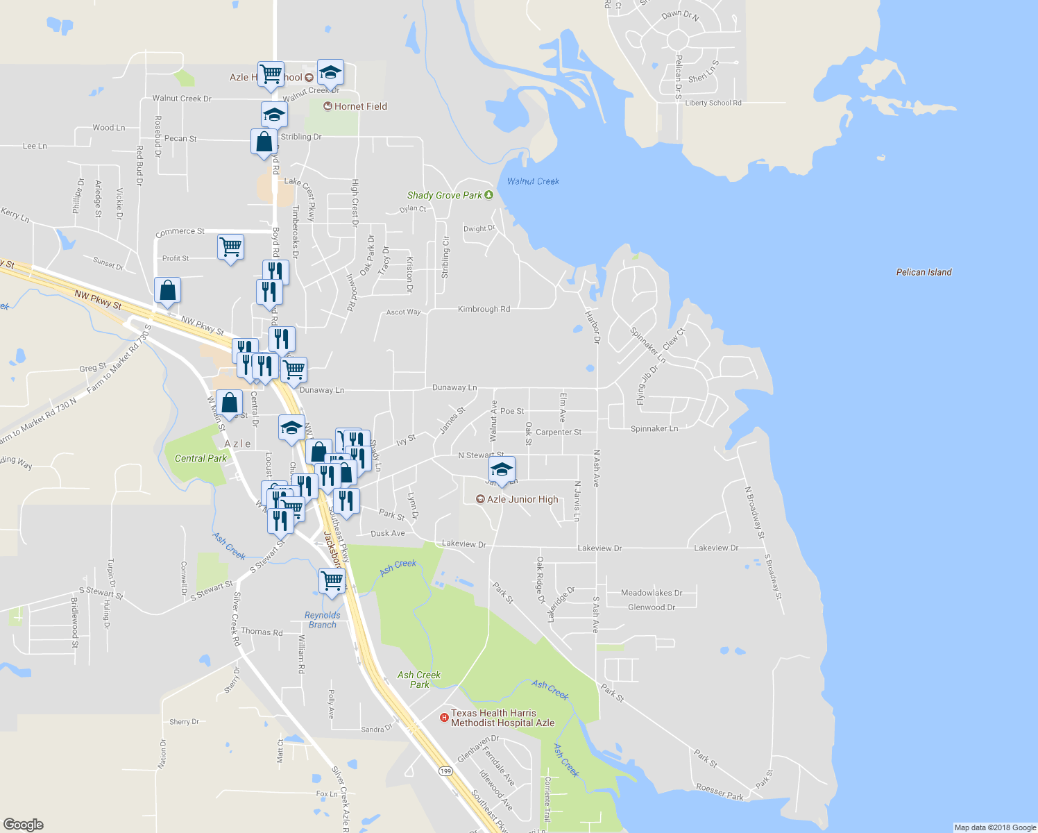 map of restaurants, bars, coffee shops, grocery stores, and more near 916 Poe Street in Azle