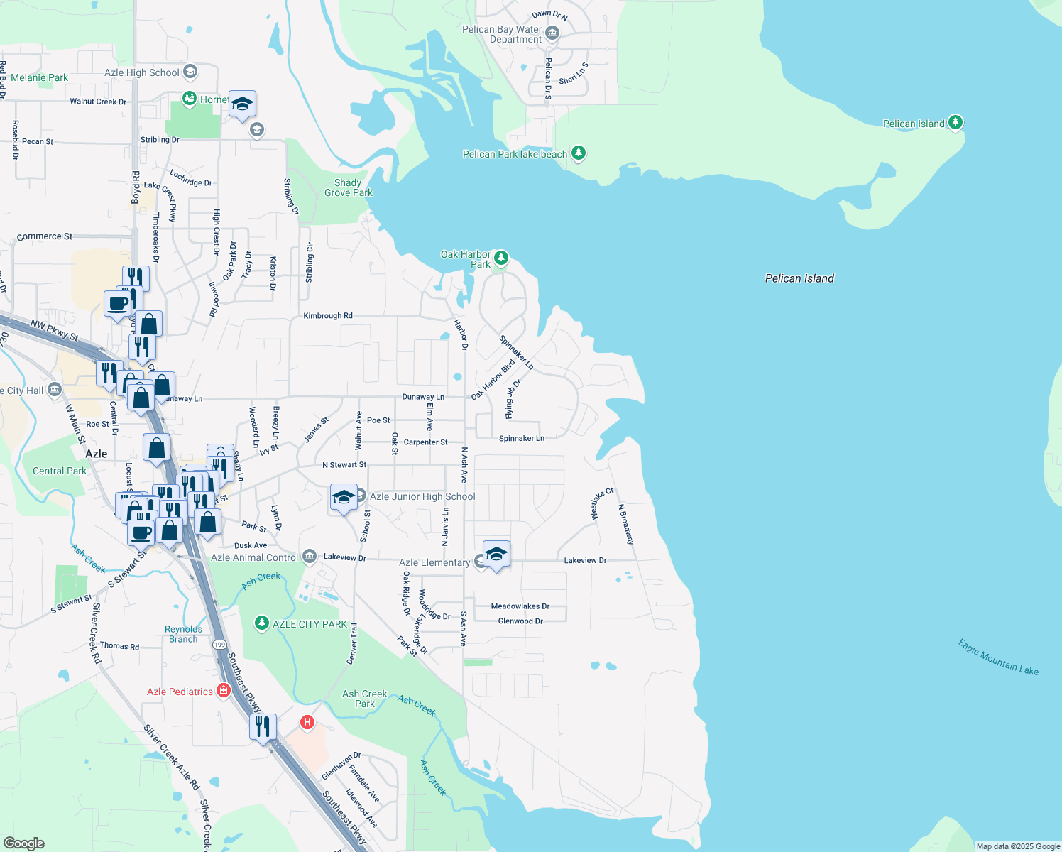 map of restaurants, bars, coffee shops, grocery stores, and more near 1400 Flying Jib Drive in Azle